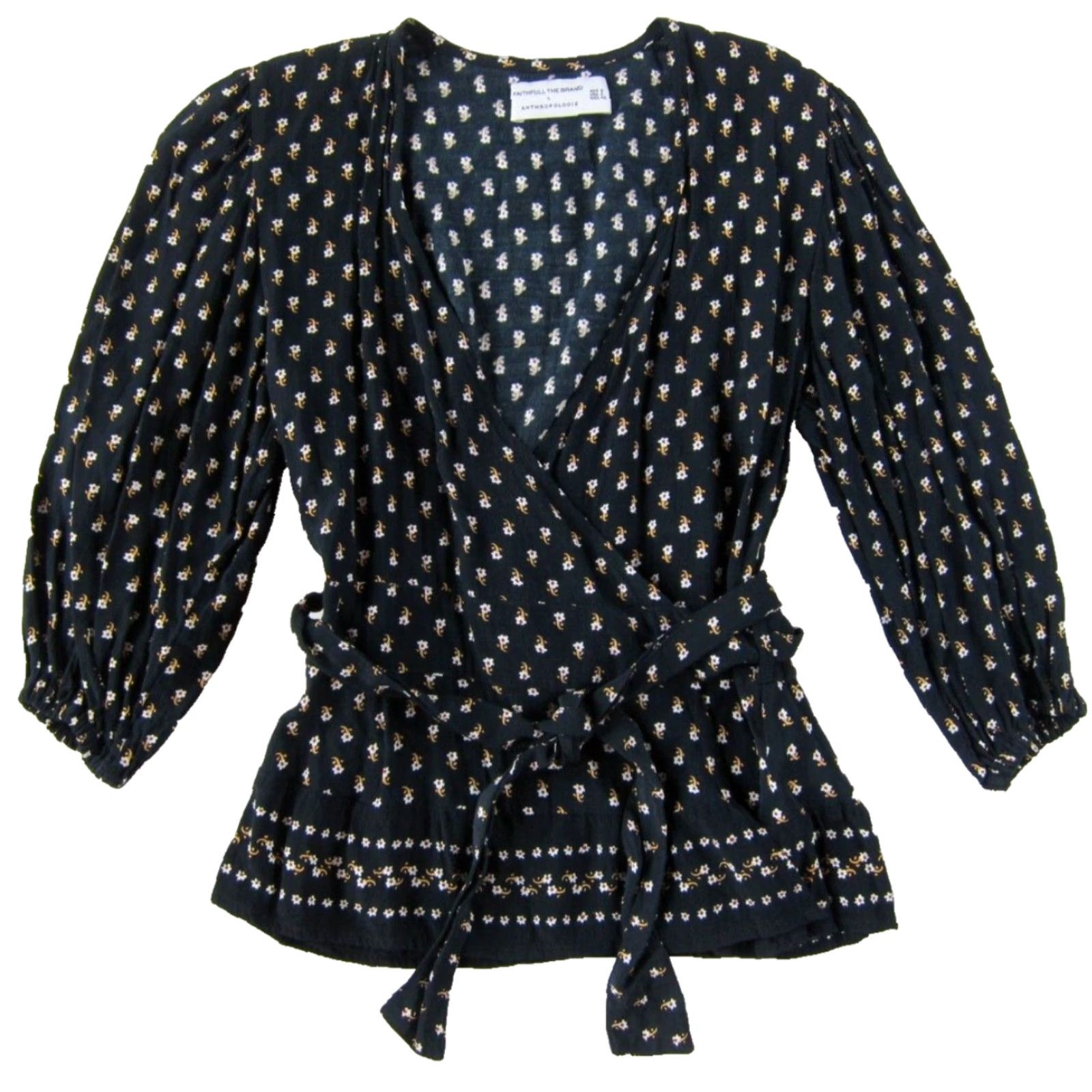 Vintage Faithfull The Brand Anthropologie Black Floral Rayon 3/4 Sleeve Wrap Blouse 2 Size XS / US 0-2 / IT 36-38 - 2 Thumbnail