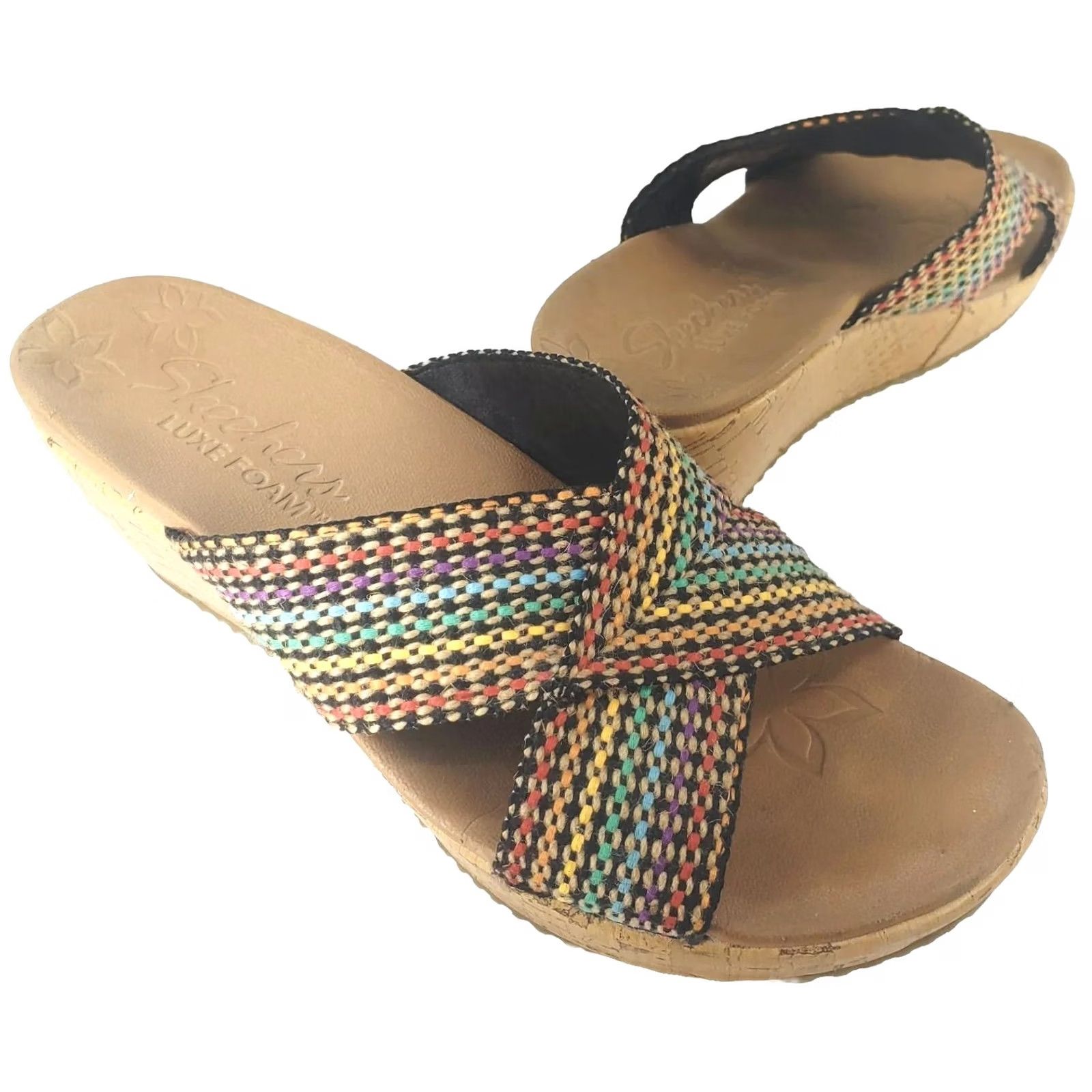 SKECHERS Skechers Beverlee Multicolor Wedge Slide Sandals Women 8 Slip-On Boho Chic Striped Luxe Foam Comfort Size US 8 / IT 38 - 2 Thumbnail