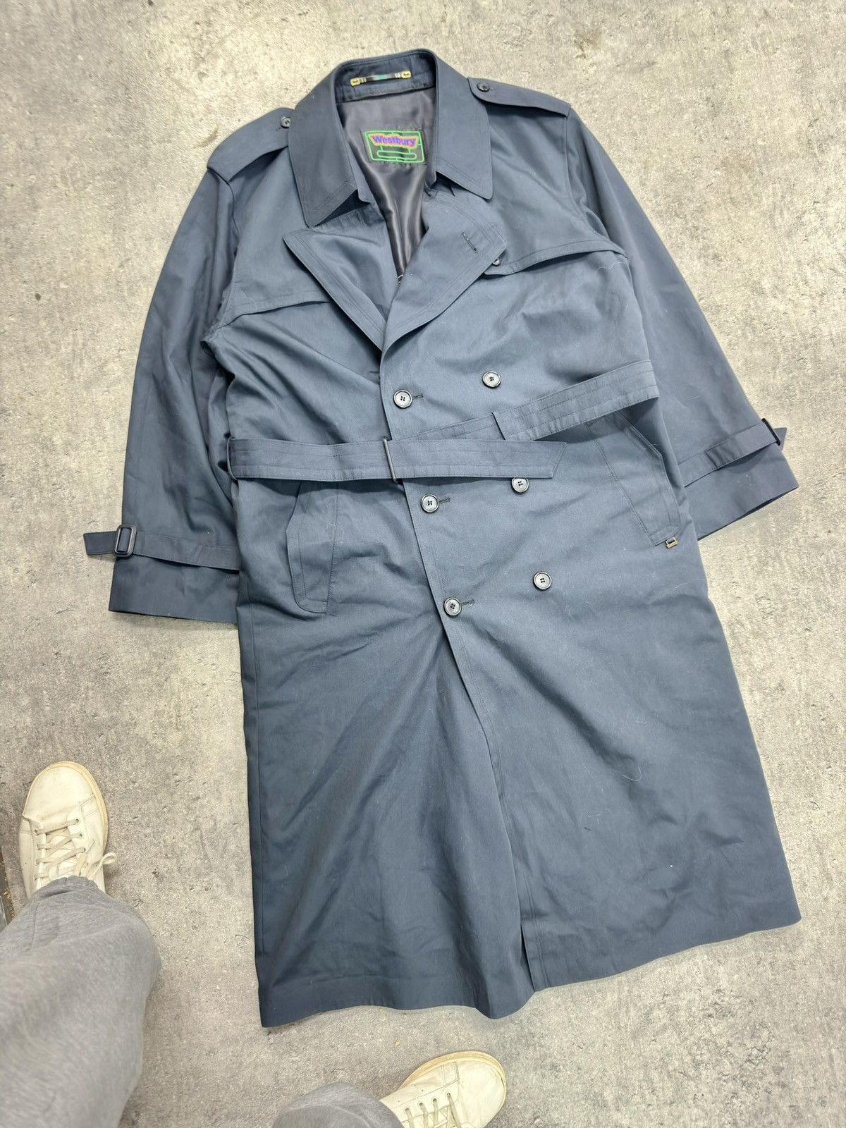 image of ᶠᵃⁿᶜʸᵍᵘʸ New! 80's Trench Coat Vintage Jacket Navy 90's in Blue, Men's (Size XL)