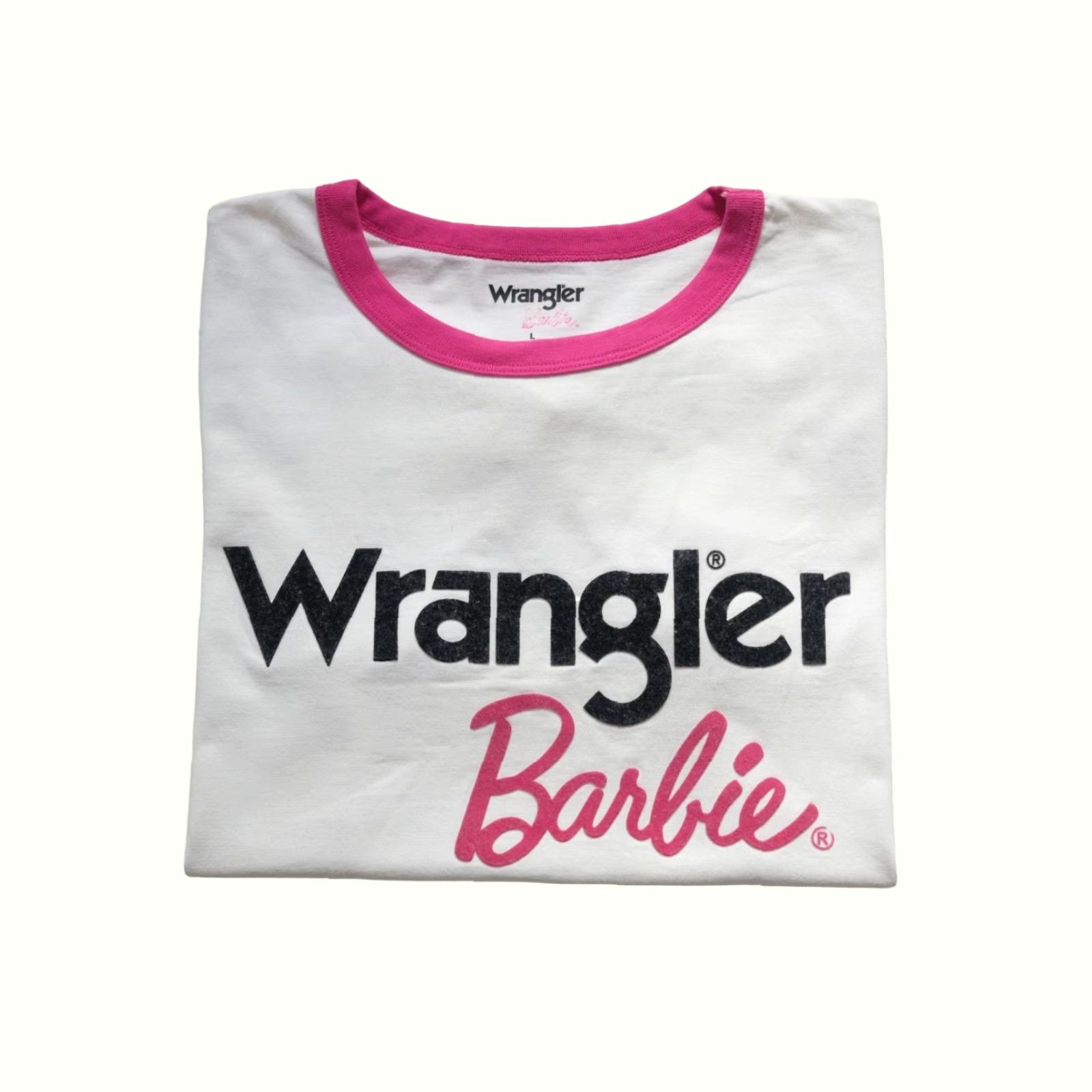 Fruit Of The Loom VINTAGE WRANGLER BARBIE MATTEL TOY DOLL WESTERN RINGER GRAPHIC WHITE PINK T SHIRT SZ L Size L / US 10 / IT 46 - 2 Thumbnail