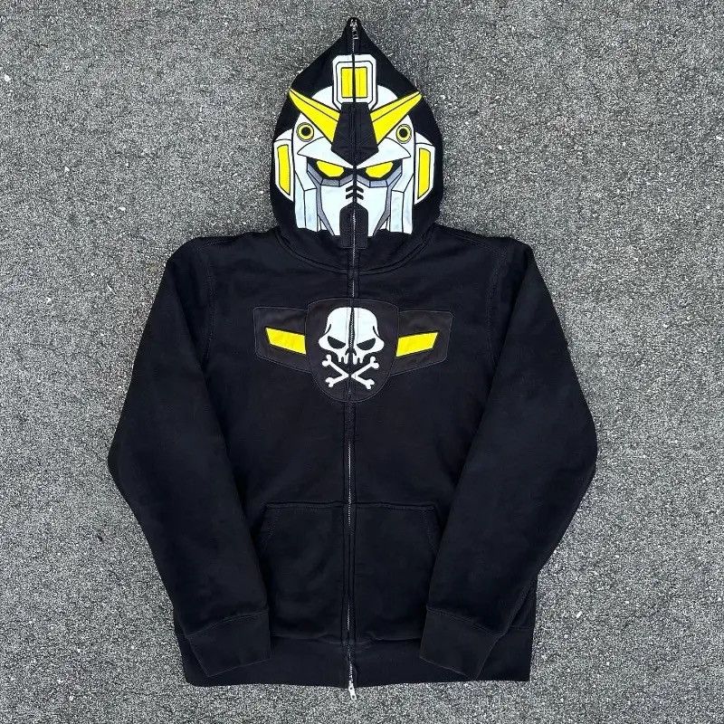 Image of Anima Y2K Hip Hop Harajuku Robot Head Full Hodie in Black, Men's (Size 2XL)