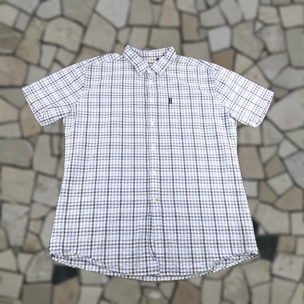 Barbour Barbour Mens Shirt XL Short Sleeve Cotton Seersucker Plaid Casual Summer Classic Blue Size US XL / EU 56 / 4 - 1 Thumbnail