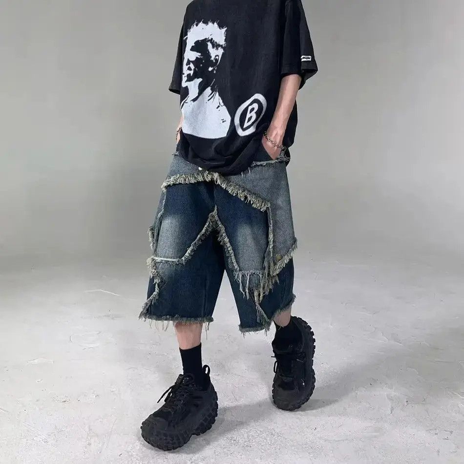 Retro loose straight leg wide leg denim shorts