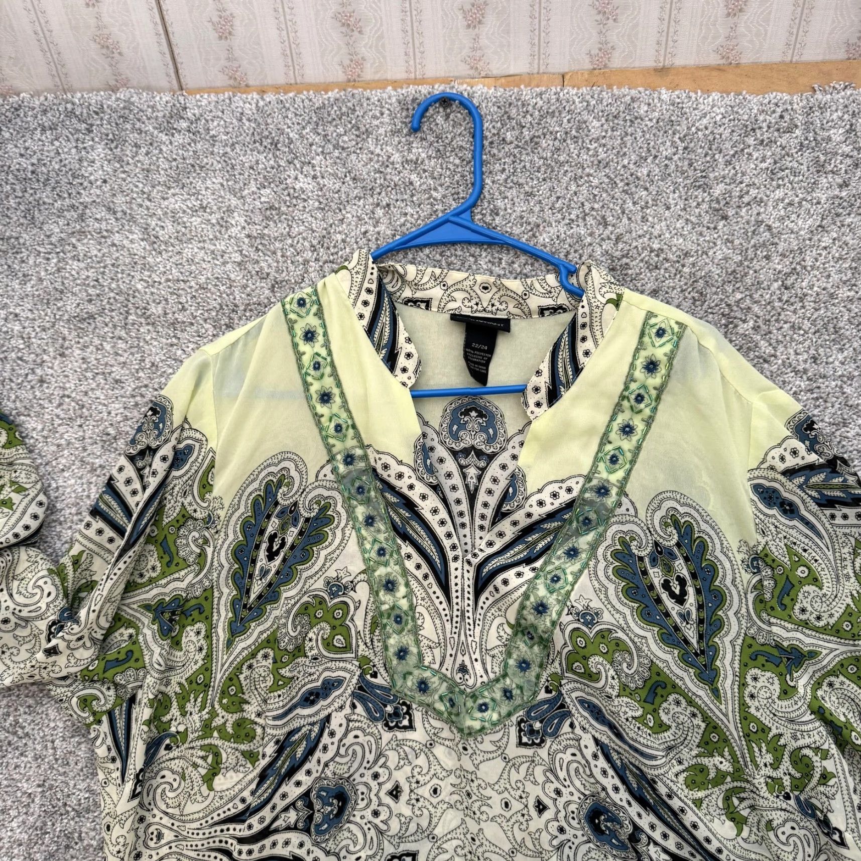 Vintage Lane Bryant Shirt Womens 22-24 Green Paisley Beaded Tunic Blouse Boho Sheer 3/4 Sleeve V-Neck Plus Size Womens Size 3XL / US 20-22 - 6 Thumbnail