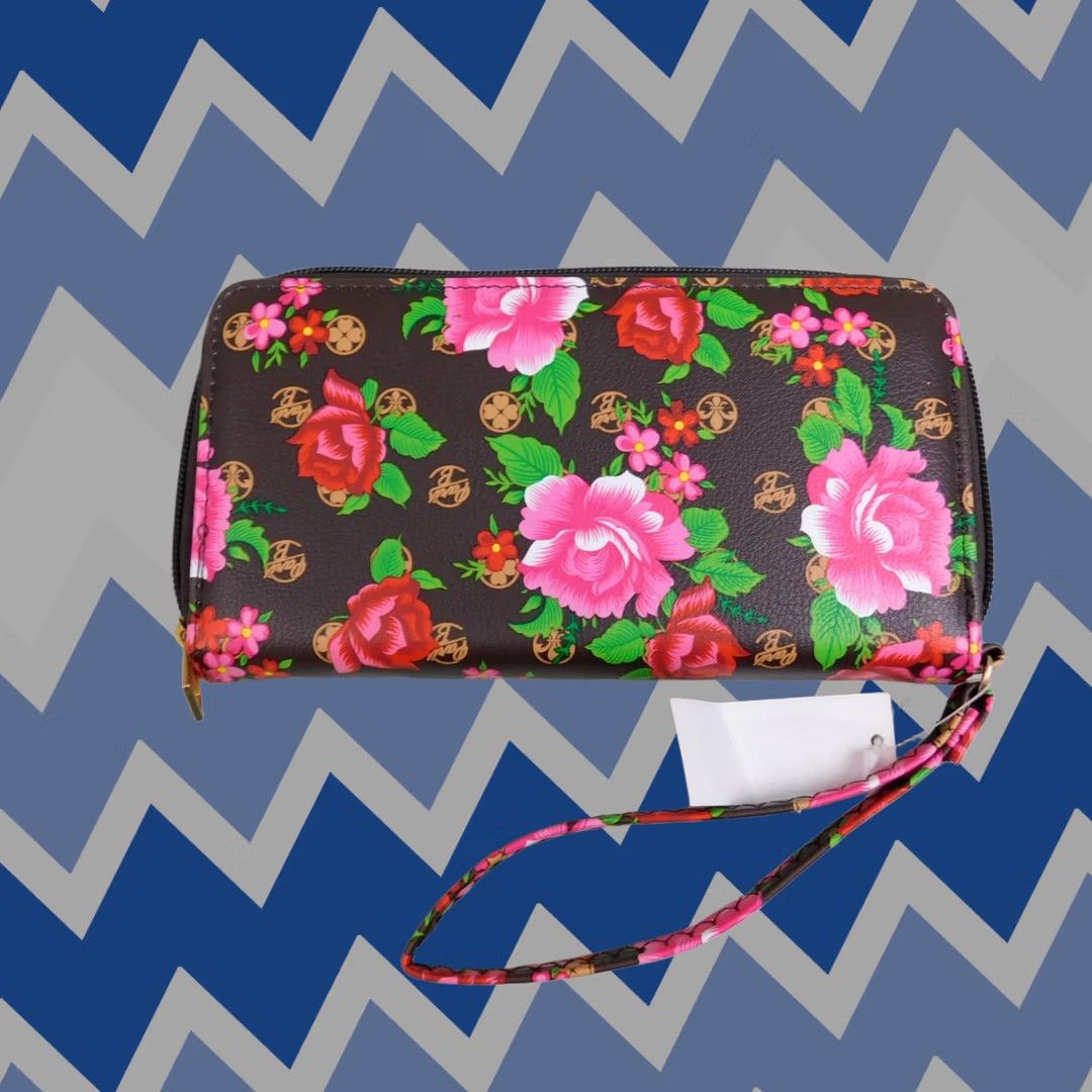 Vintage Paris B Floral Print Logo Zip-Around Wristlet Clutch Wallet - Brown Women's Wallet Zip-Around 7.5" x 4" with Strap and Card Slots Size ONE SIZE - 1 Thumbnail