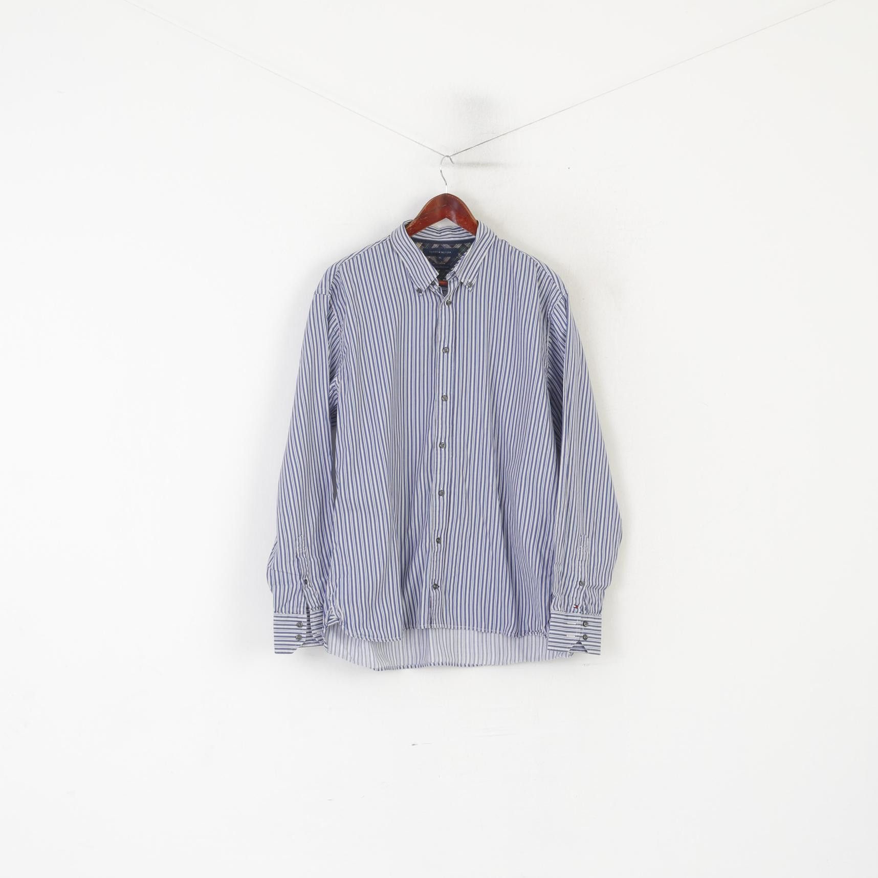 Tommy Hilfiger Tommy Hilfiger Men XL Casual Shirt Blue Cotton Striped 1617 Size US XL / EU 56 / 4 - 2 Thumbnail