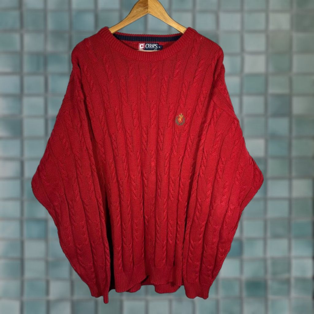 Ralph Lauren VINTAGE Chaps Ralph Lauren Mens XL Red Cable Knit Cotton Crewneck Sweater Crest Logo Size US XL / EU 56 / 4 - 1 Thumbnail