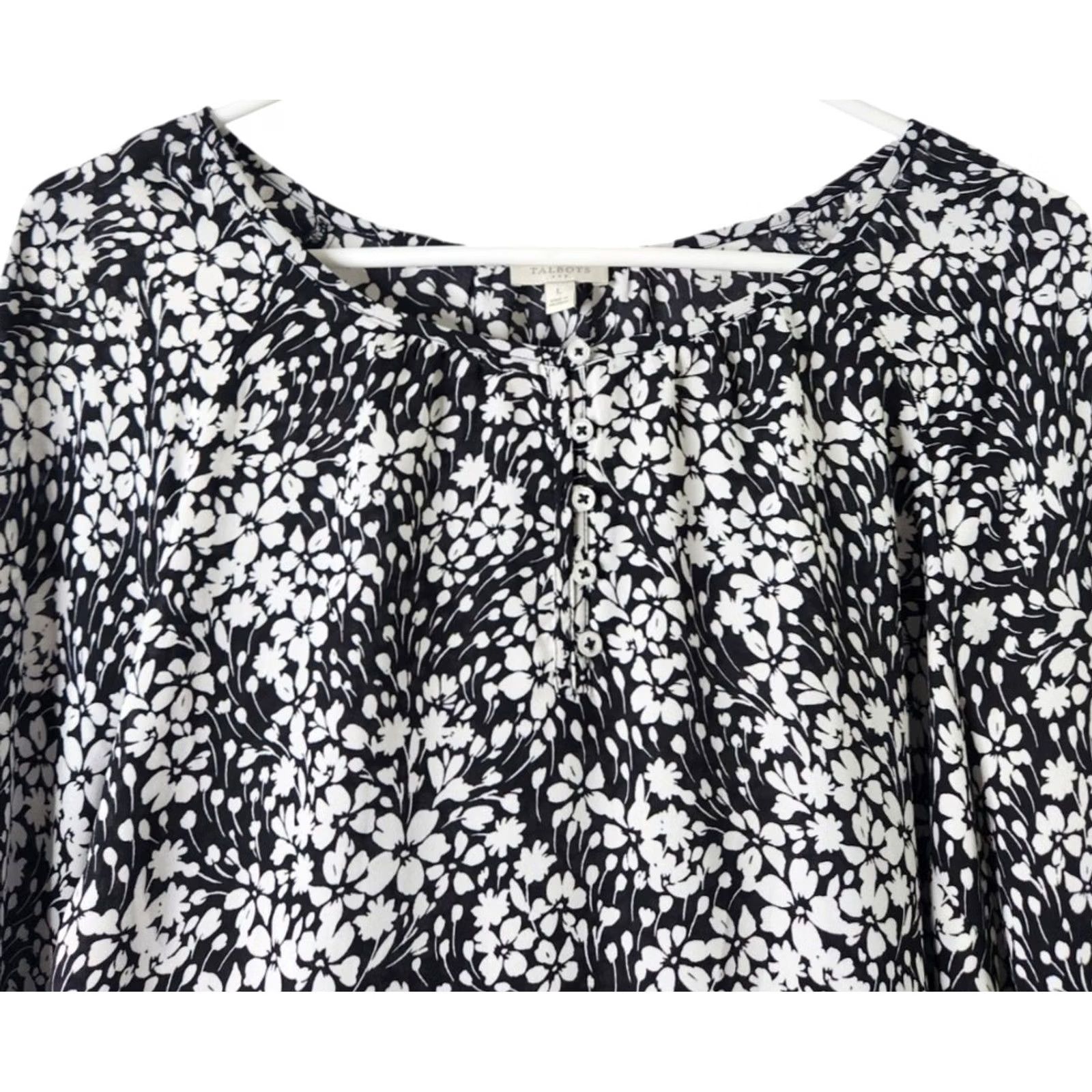 Talbots Talbots Womens L Floral Henley Shirt 3/4 Sleeve Top Black White Blouse Size L / US 10 / IT 46 - 3 Thumbnail