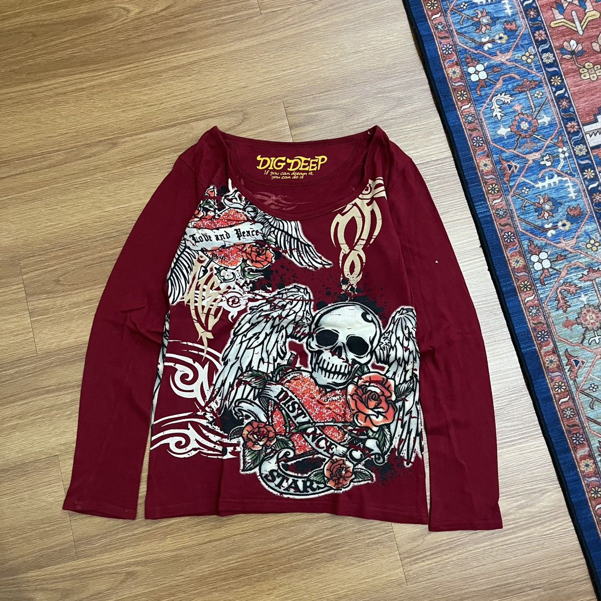 Japanese Brand Dig Deep Longsleeve punk skull - y2k style Size US S / EU 44-46 / 1 - 1 Thumbnail