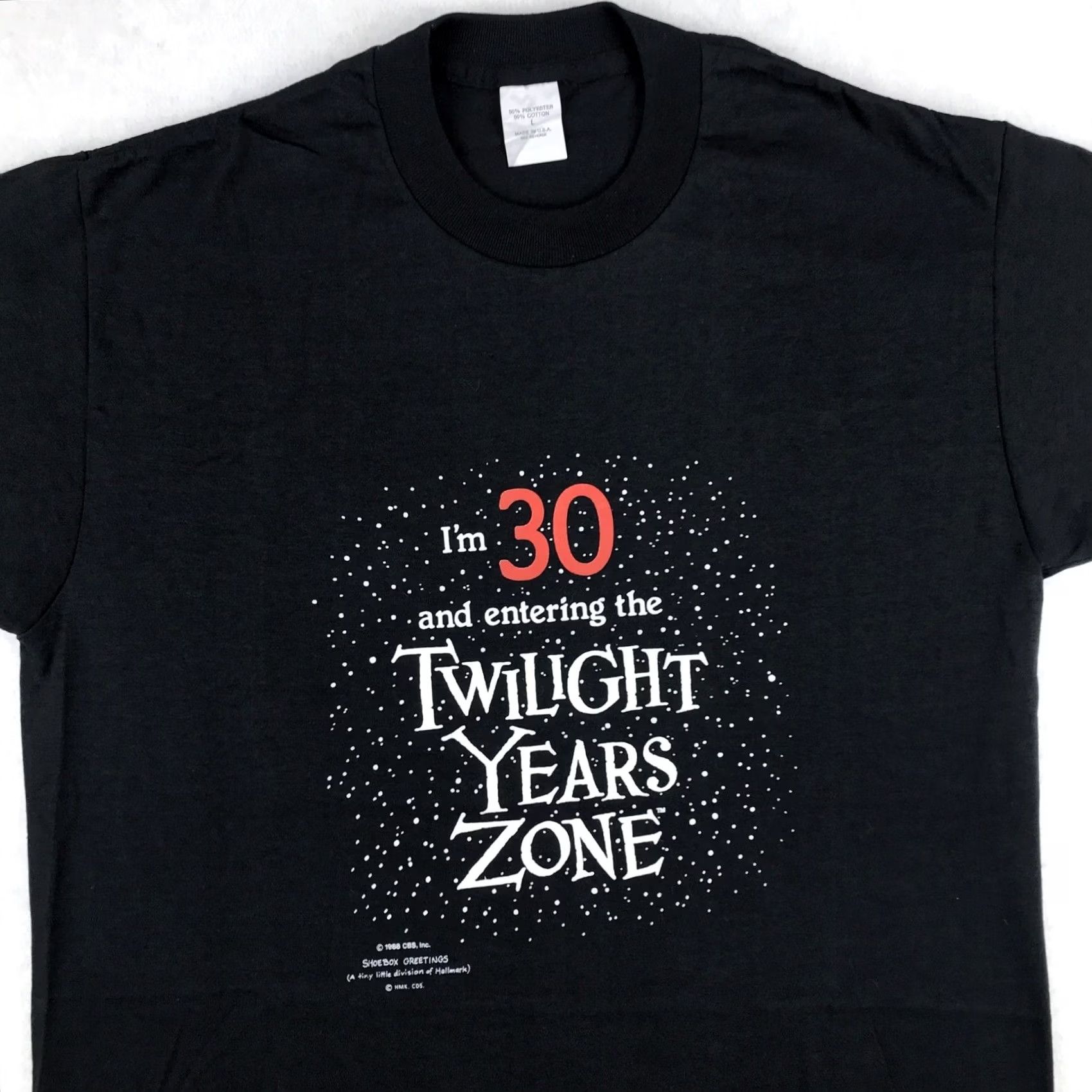 Vintage NOS vtg 80s I’M 30 & ENTERING TWILIGHT YEARS ZONE T-Shirt M joke single stitch Mens Black 80s 90s Birthday Funny Hallmark Vintage NOS Deadstock Tee Size US M / EU 48-50 / 2 - 4 Thumbnail