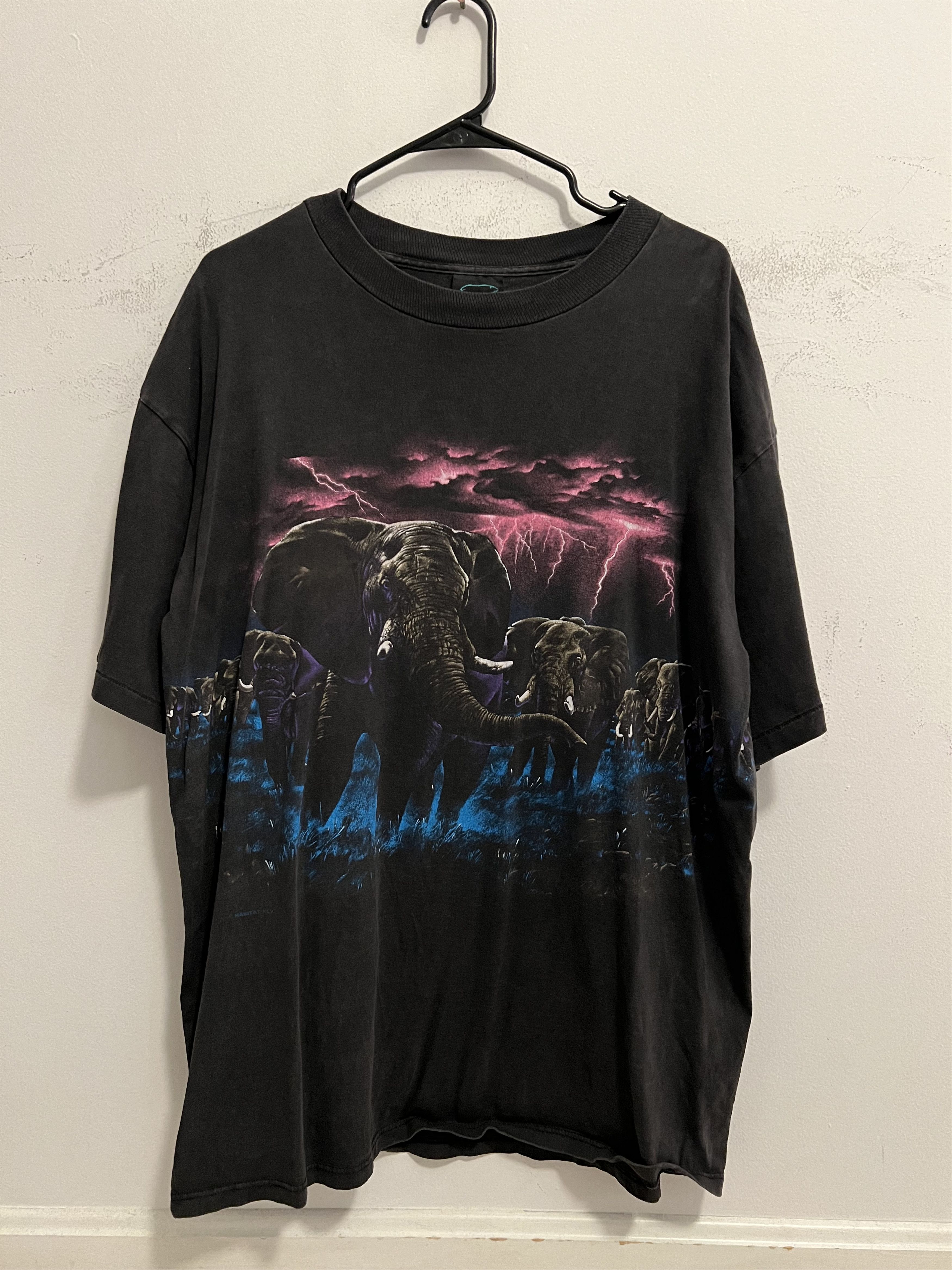 image of Vintage 1995 Elephants Thunder Lighting Storm Wildlife Tee in Black, Men's (Size XL)