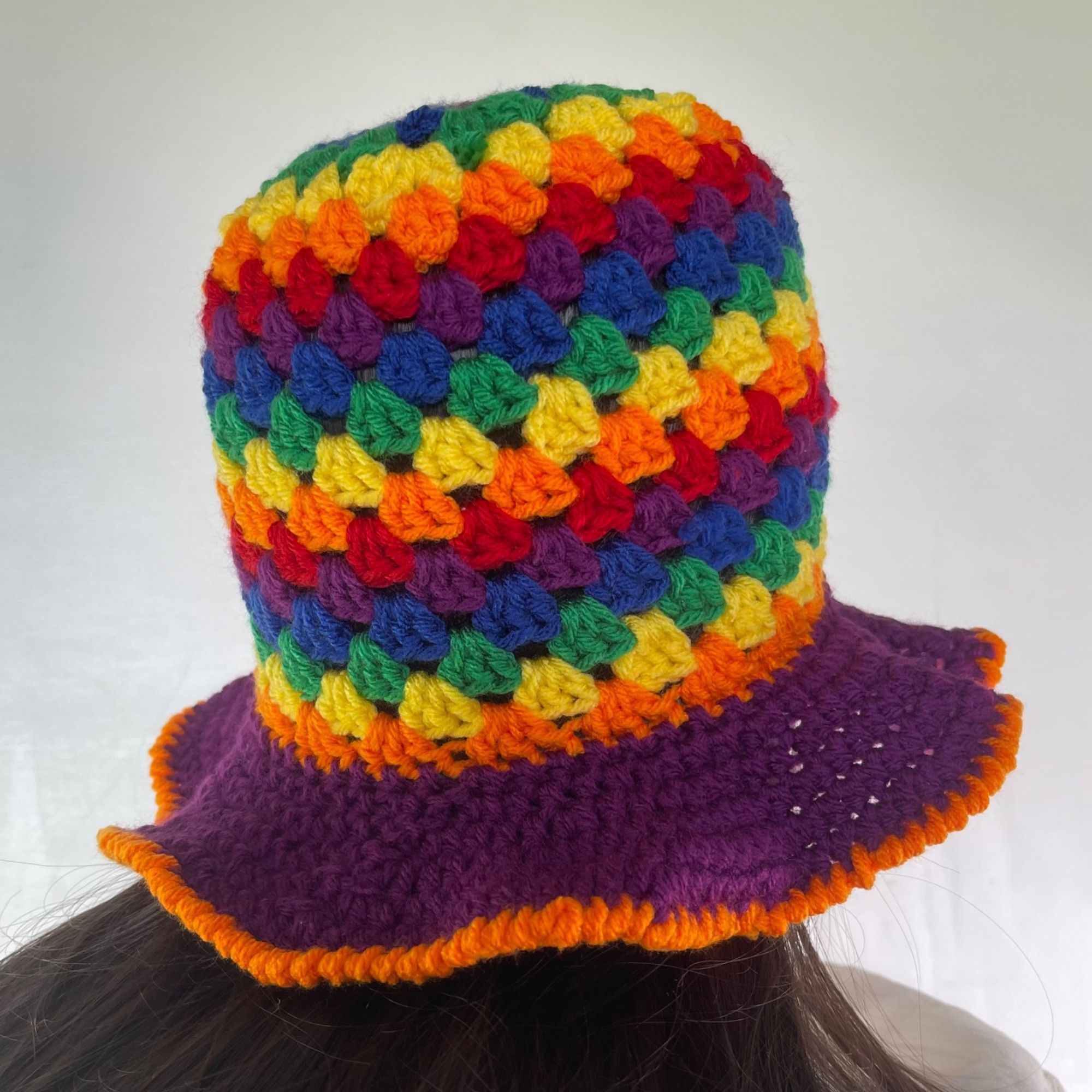 Handmade Crochet Bucket Hat Granny Square Pattern Rainbow Colors Tall Size ONE SIZE - 3 Thumbnail