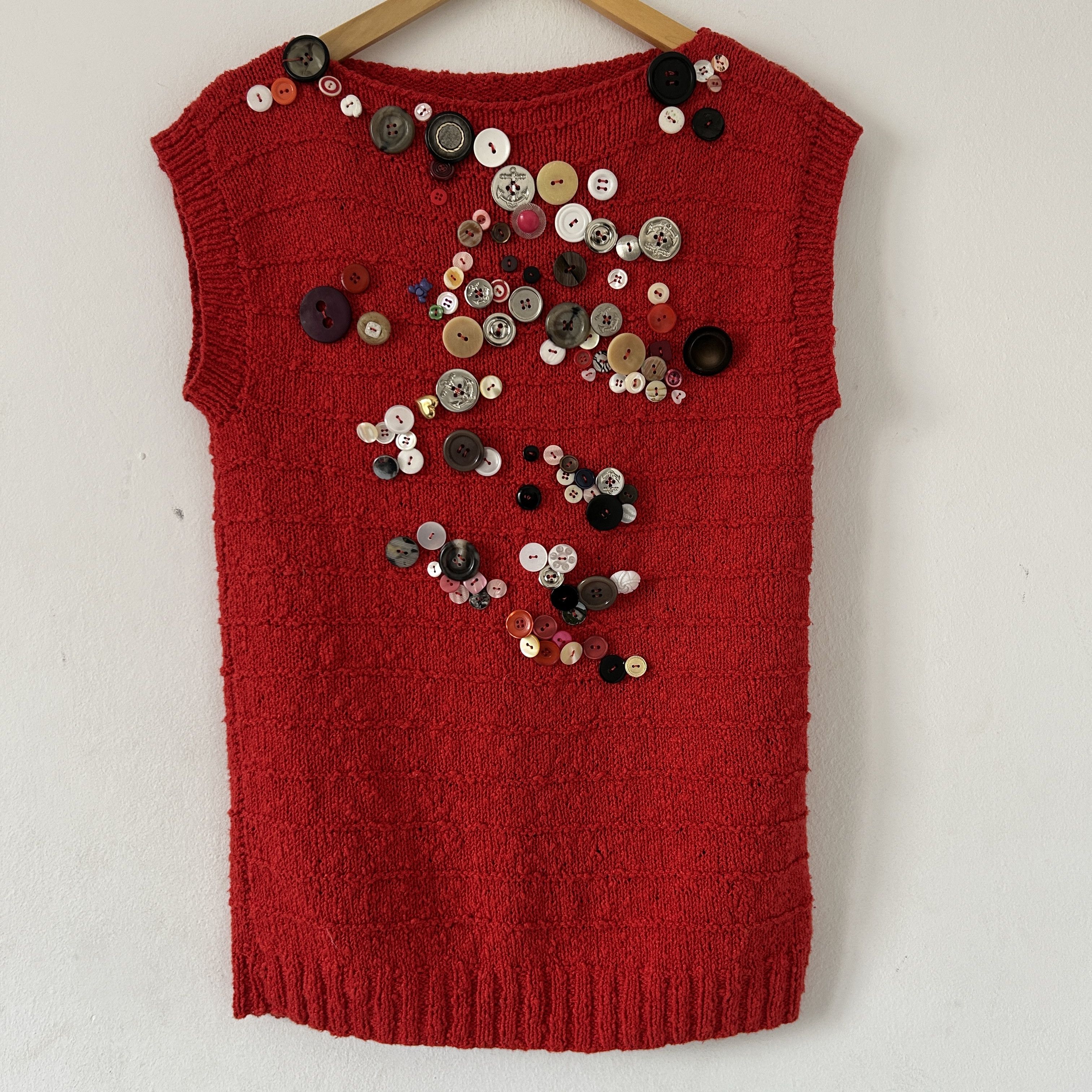 Custommade Reworked Hand-Knit Red Vest: Vintage Button Embellished Top Size ONE SIZE - 8 Thumbnail