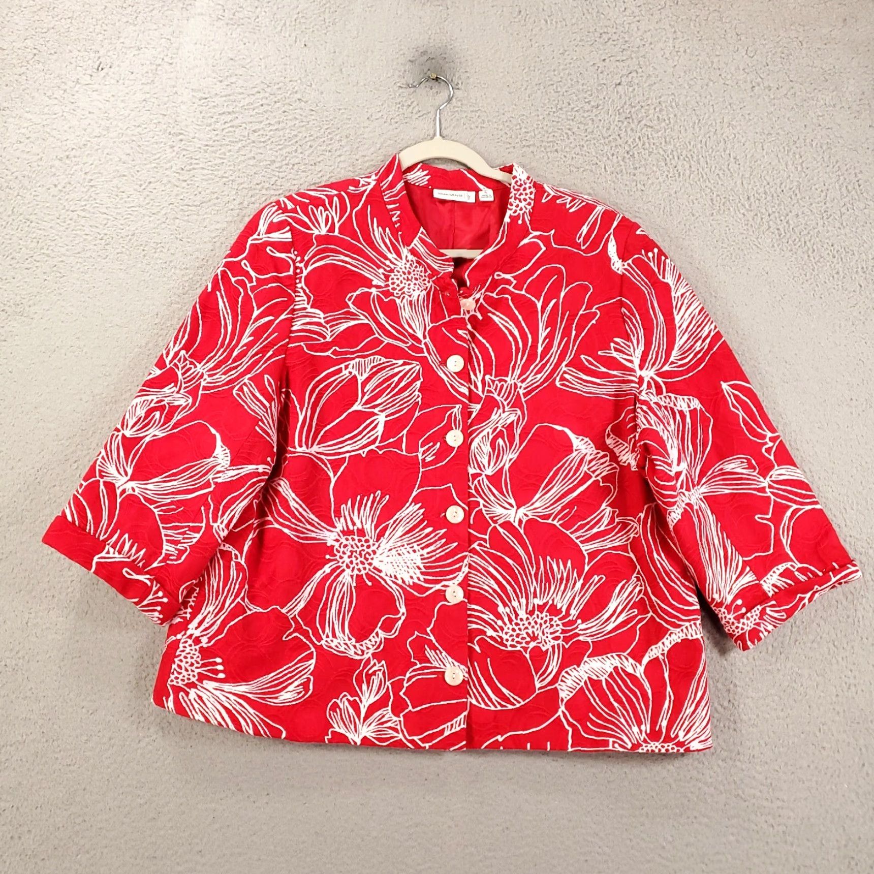 Vintage Susan Graver Jacket Womens XL Red White Button Up Lined Artsy Flowers Line Art Size XL / US 12-14 / IT 48-50 - 2 Thumbnail