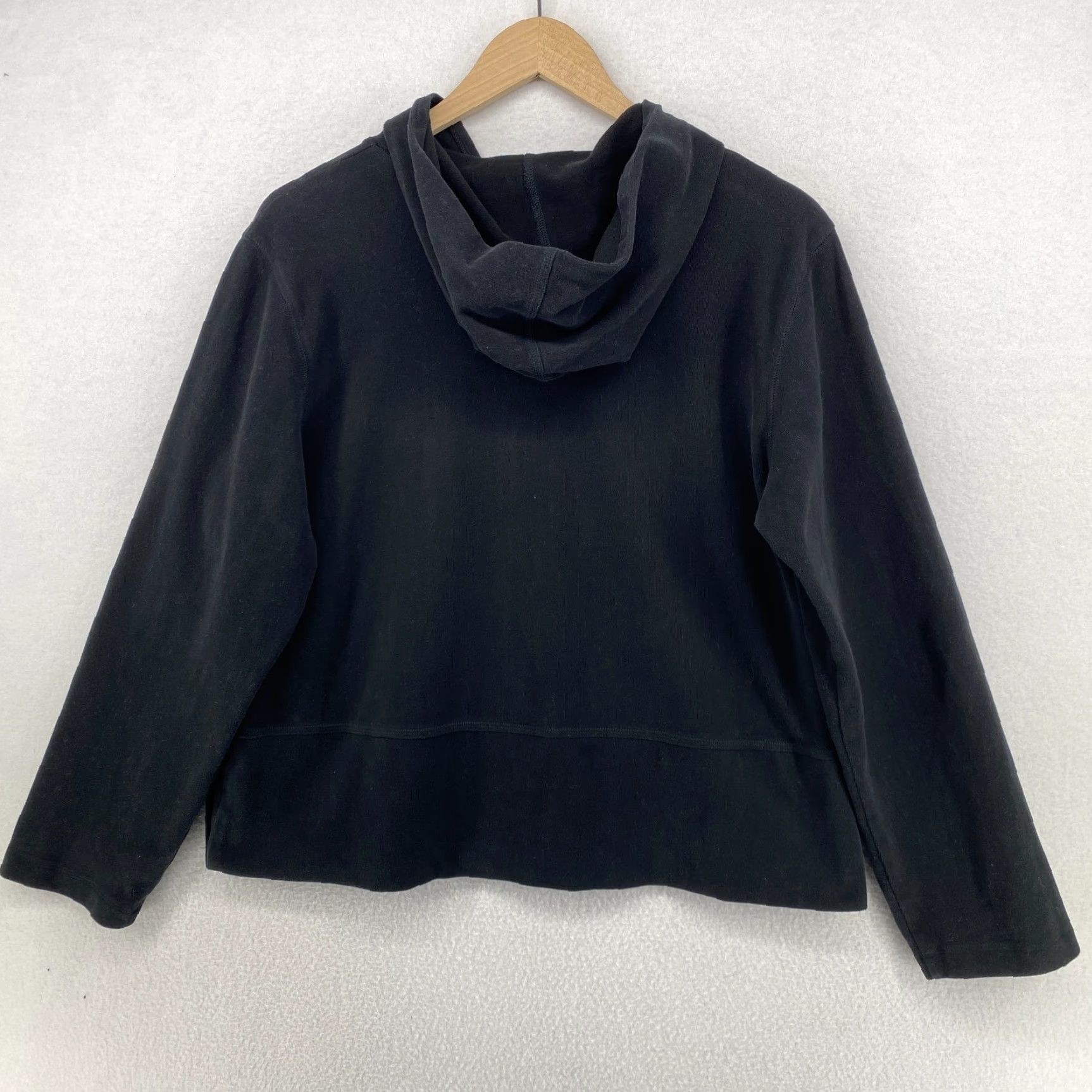 EILEEN FISHER Jacket L Hoodie Black Heavy Brushed Jersey Cotton Full Zip Boxy Hooded Pockets All Seasons