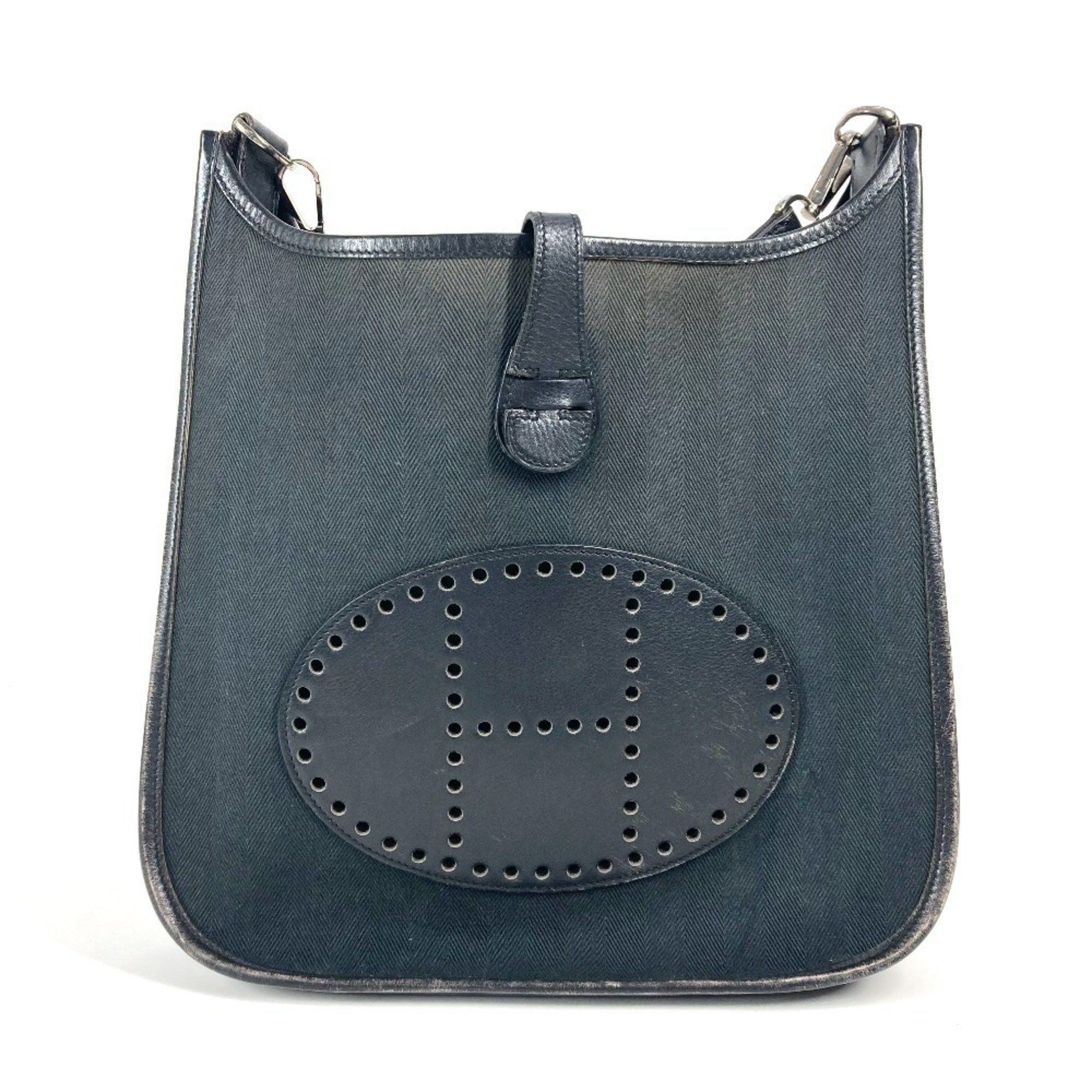 Hermes Perforated Logo Evelyn Pm 1 Crossbody Bag Shoulder Leather Canvas Women's Black