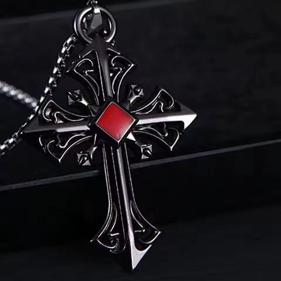 Japanese Brand Goth Cross Necklace - Red Stone Inlay - Size ONE SIZE - 3 Thumbnail