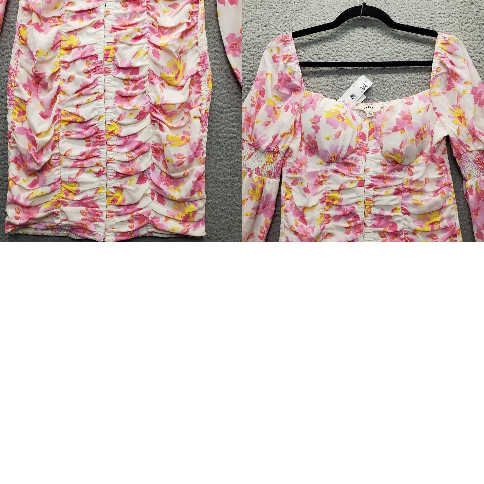 Vintage Privy Mini Dress Womens M Multi Floral Ruched Long Sleeve Back Hook & Eye Size M / US 6-8 / IT 42-44 - 8 Thumbnail