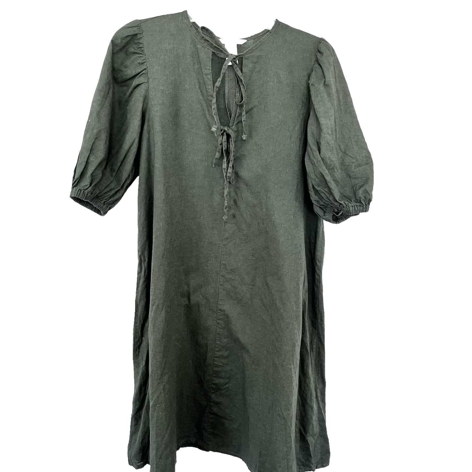 H&M H&M Olive Linen Blend Puff Sleeve Dress | Front Ties Size S / US 4 / IT 40 - 5 Thumbnail