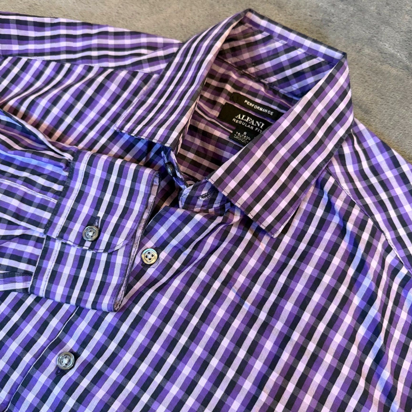 Alfani Alfani Dress Shirt Purple Black Gingham Check Mens Small Regular Fit Shirt Size 36R - 2 Thumbnail