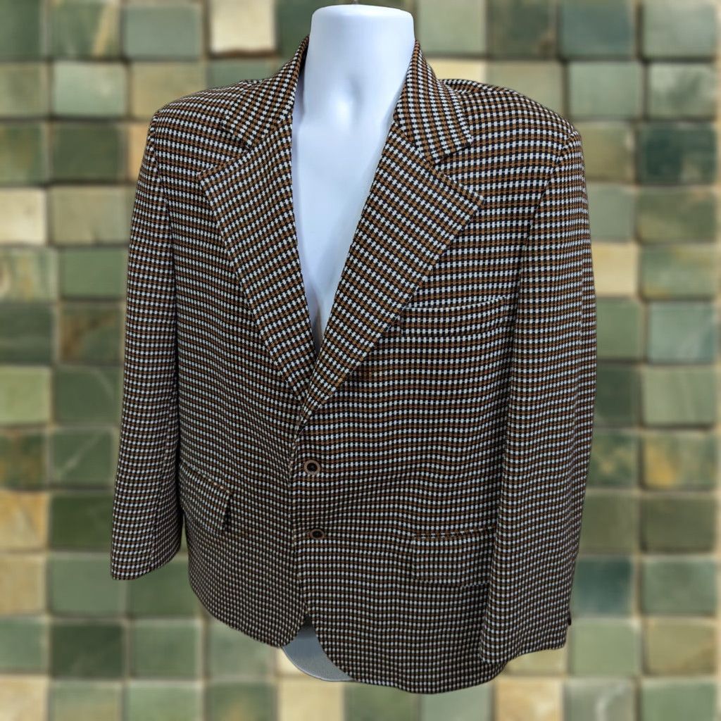 Rivieras VINTAGE Riviera Clothes Blazer Sport Coat Jacket Mens 42R Plaid Stripe Wool Silk Lining Two-Button Single-Breasted Hatchet? Size 42R - 1 Thumbnail