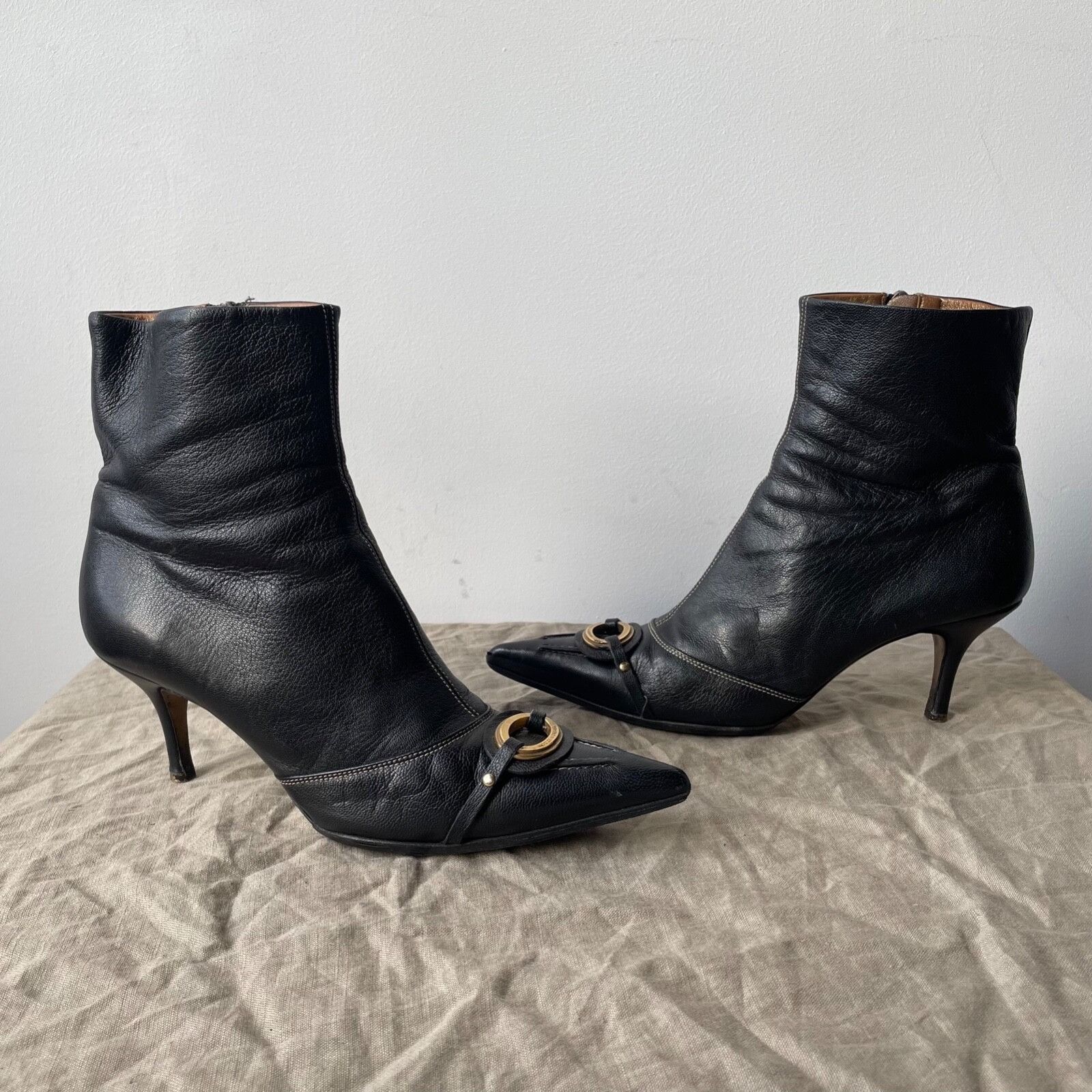 Dolce Gabbana Leather Pointed Toe Heel Shoes Boots 9186Ac in Black, Women's (Size 7)