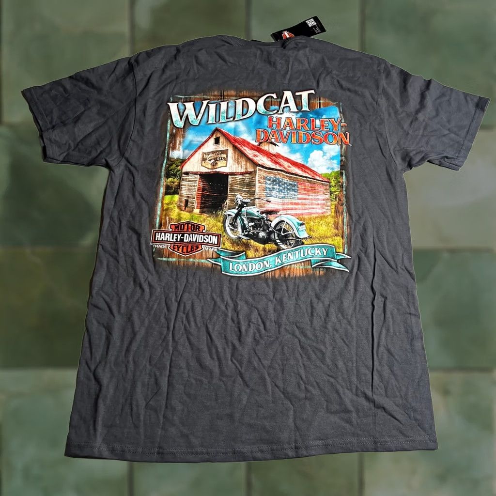 Harley Davidson Harley-Davidson Wildcat London Kentucky Barn Flag Graphic T-Shirt Charcoal M Men Size US M / EU 48-50 / 2 - 1 Thumbnail