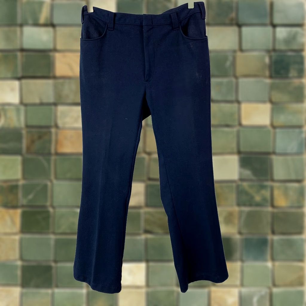 Vintage VINTAGE 1970s Blue Polyester Press Free Trousers Bootcut Rib Pants Mens 35 x 31 Size US 35 - 1 Thumbnail