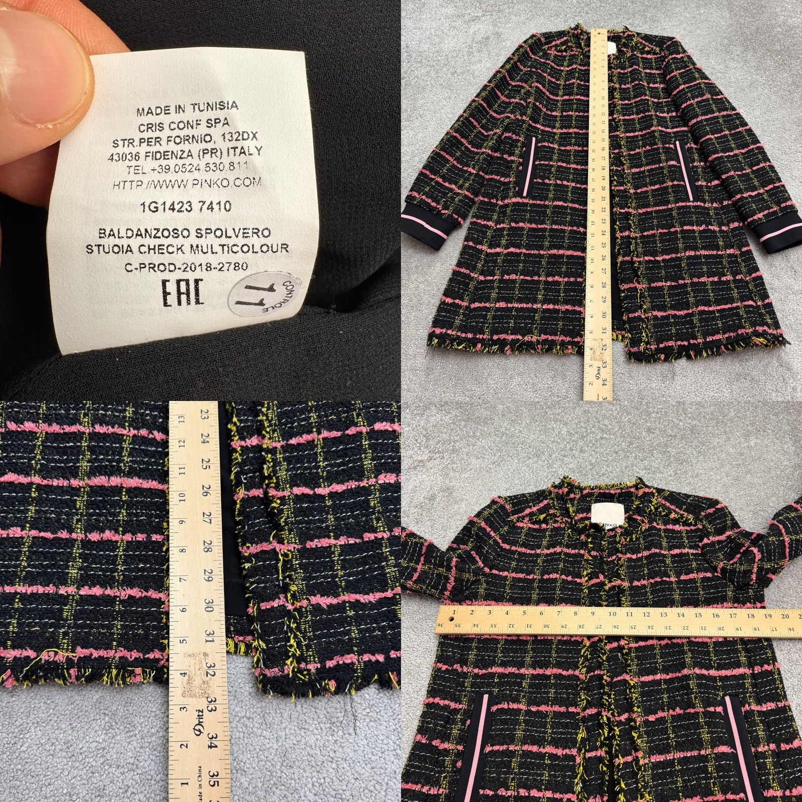 Pinko PINKO Black Pink Plaid Fringe Coat Jacket Womens 4 Mid Length Open Front Tweed Classic Designer Size S / US 4 / IT 40 - 9 Thumbnail
