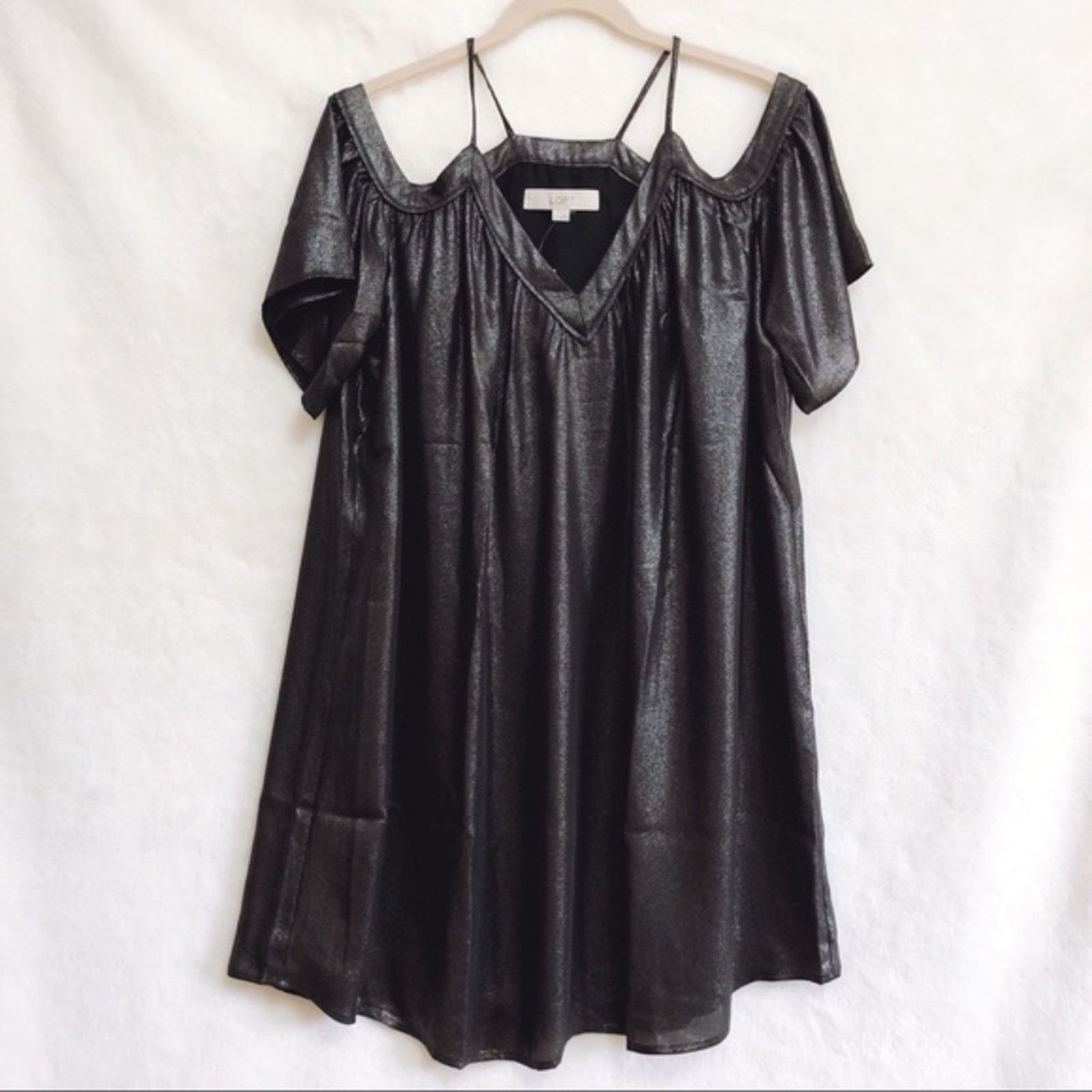 Loft LOFT Grey Metallic Cold Shoulder Swing Dress Size S / US 4 / IT 40 - 7 Thumbnail