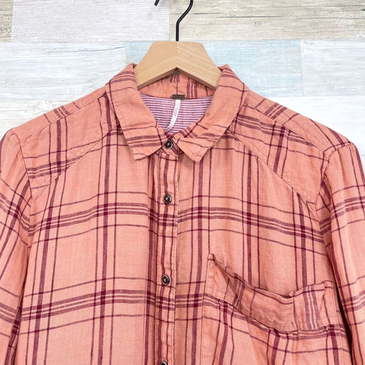 Free People Free People Linen No Limit Shirt Orange Plaid Longline M Size M / US 6-8 / IT 42-44 - 4 Thumbnail