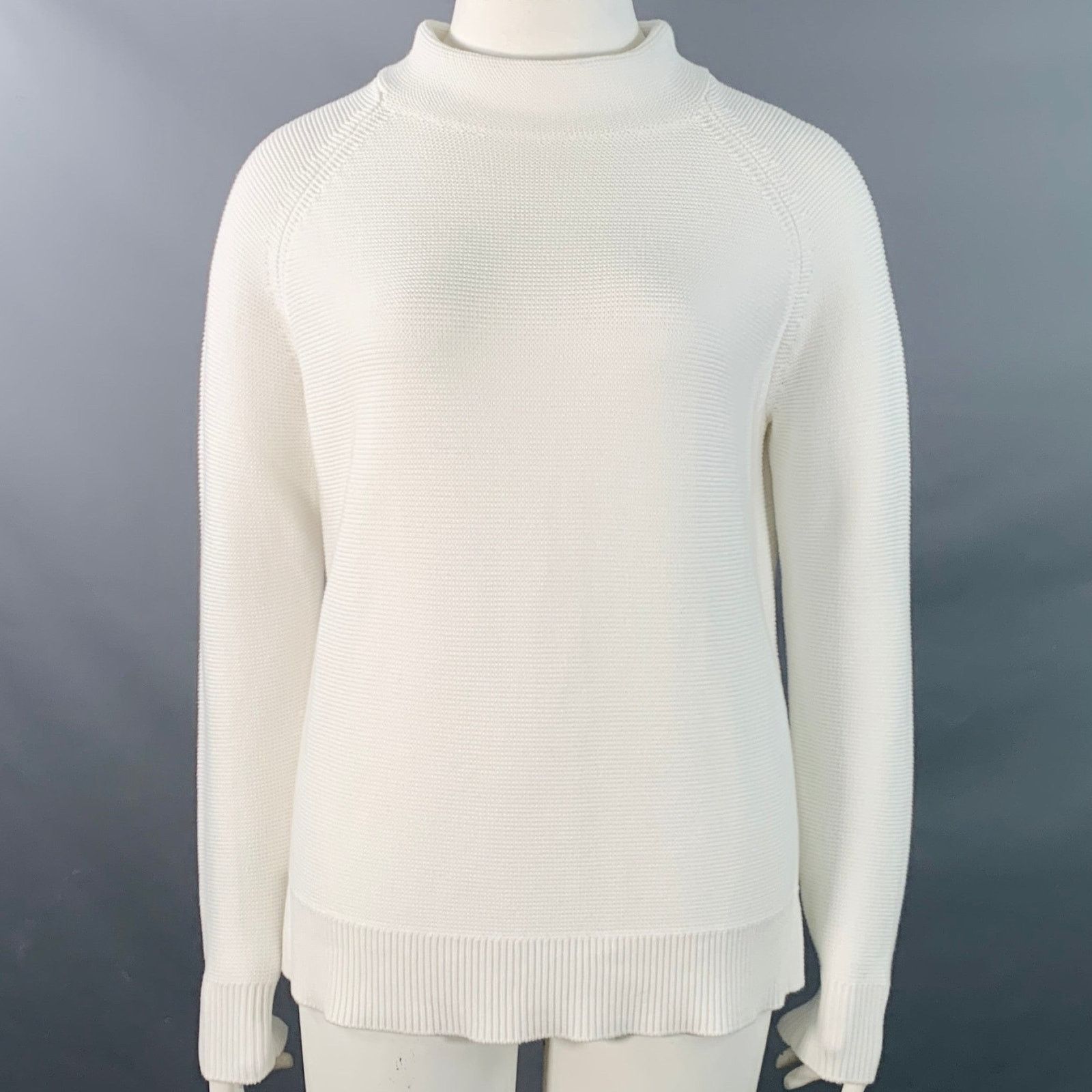 KINROSS L Loden White Cotton Garter Stitch Knit Mock Neck Sweater Size L / US 10 / IT 46 - 1 Thumbnail