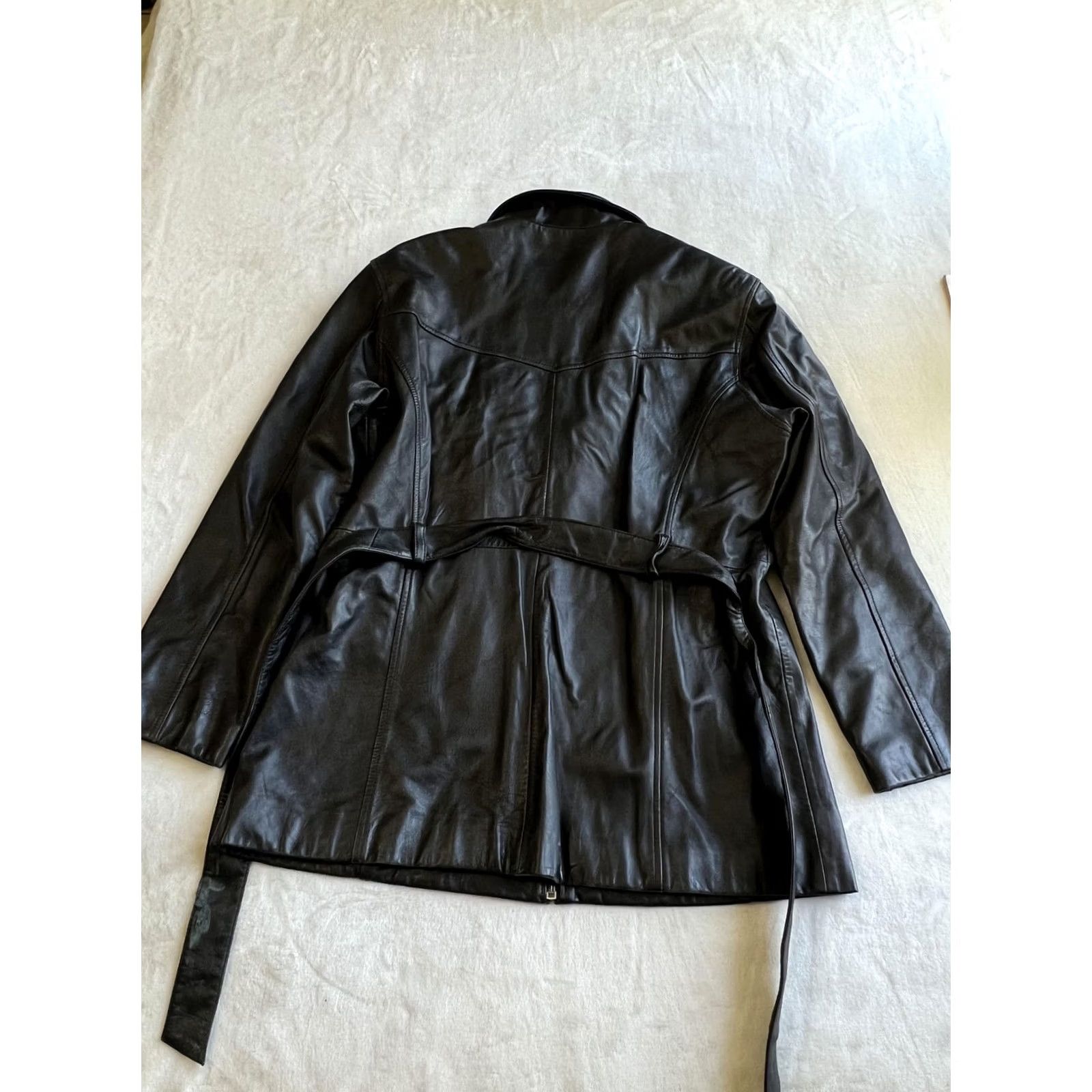 Vintage Pelle Studio Wilsons Leather Trench Coat Womens Large Black Belted Mid Length Size L / US 10 / IT 46 - 7 Thumbnail