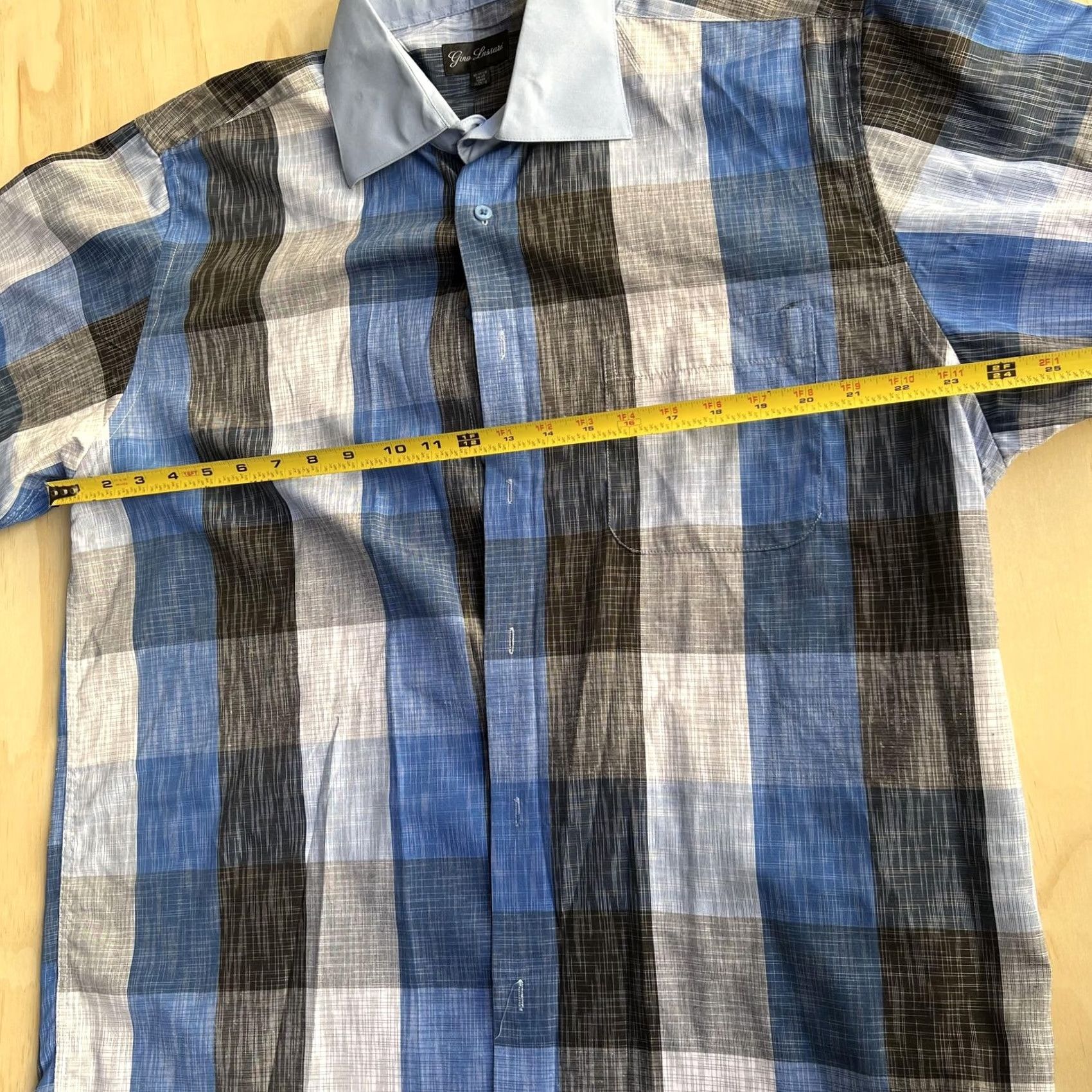Vintage Gino Lussari Dress Shirt Mens 17.5 34/35 Blue Plaid Long Sleeve Button Front Continuous Cuff Collar Shirt Size 48R - 6 Thumbnail