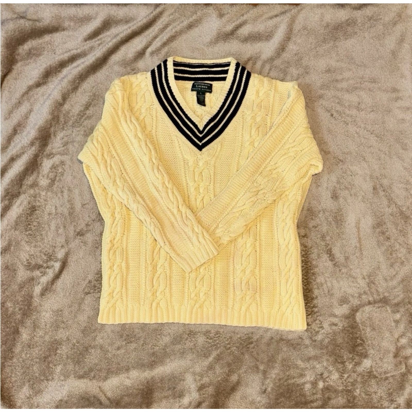 Lauren Ralph Lauren 90s Ralph Lauren Hand Knit Sweater Yellow Navy Polo Pony Size L / US 10 / IT 46 - 2 Thumbnail