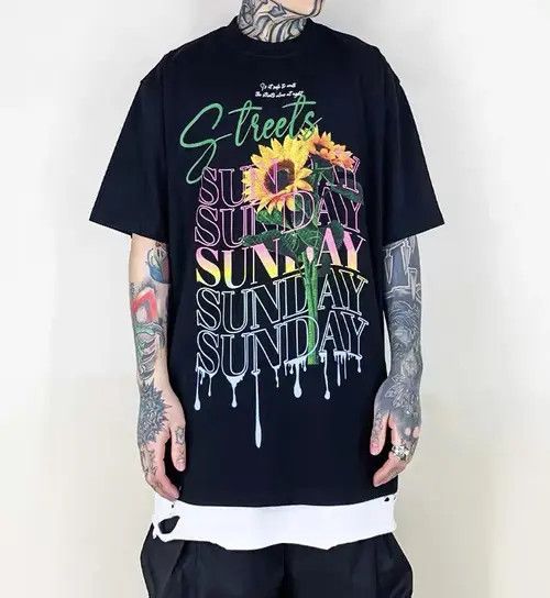 image of Art New Collection Modish Sunday Floral Design Tshirt Baggy in Black, Men's (Size XL)