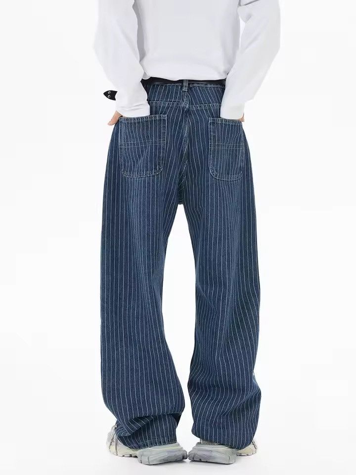 Jean Streetwear Designer Striped Rhinestone Baggy Jeans Size US 31 - 6 Thumbnail
