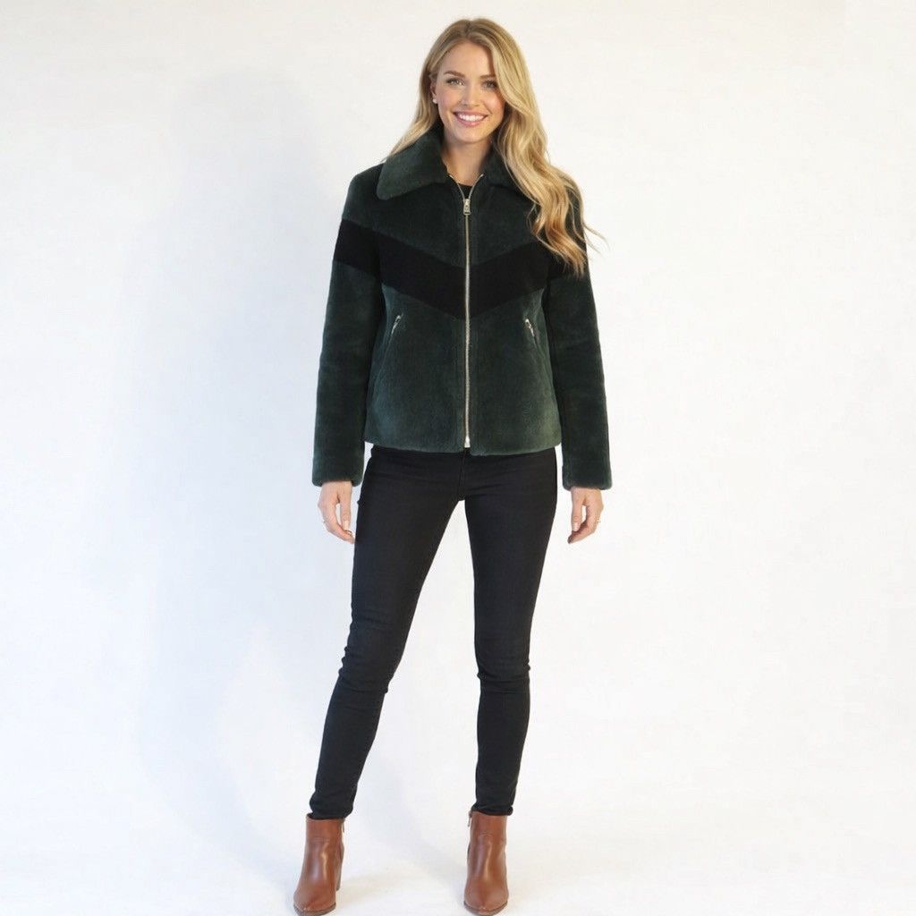 Sandro Sandro Shearling & Leather Zip Jacket Black & Green Chevron Size M / US 6-8 / IT 42-44 - 4 Thumbnail