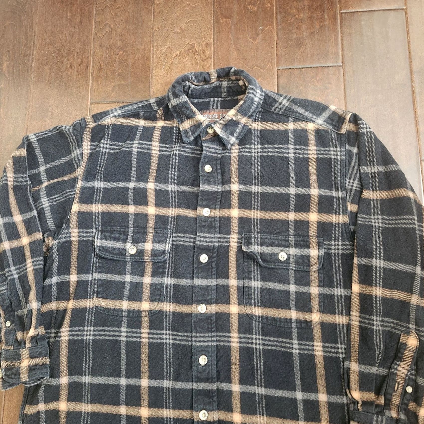Vintage Moose Creek Flannel Shirt Mens Large Black Tan Plaid Button-Up Long Sleeve Collared Casual Workwear Travel Winter Fall Spring Regular Cotton Size US L / EU 52-54 / 3 - 5 Thumbnail