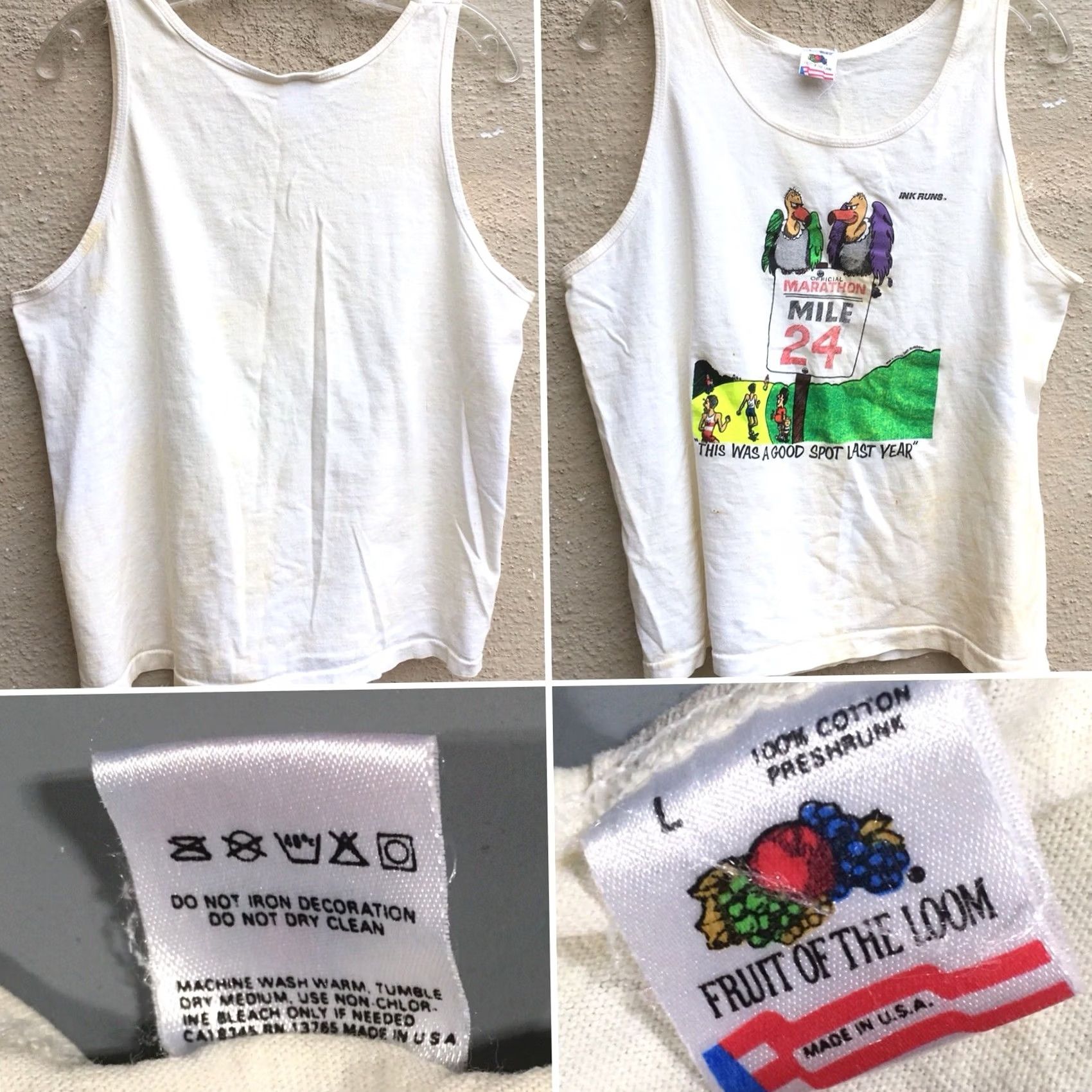 Fruit Of The Loom VINTAGE Marathon Mile 24 Neon Graphic Tank Top Geo A Sedlak Ink Runs c 87 1980s Tank Top Men L White Graphics 80s Sportswear/Beach Size US L / EU 52-54 / 3 - 3 Thumbnail