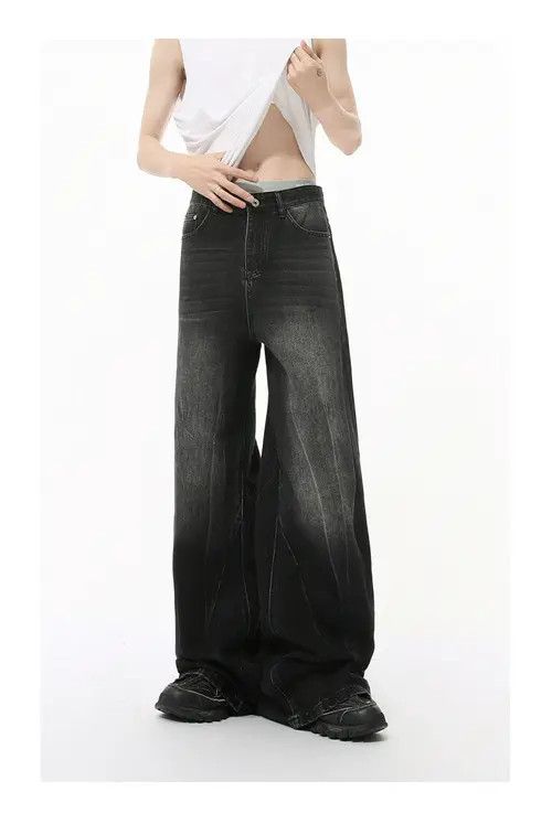 Japanese Brand Washed lightning pattern retro straight wide-leg jeans y2k Size US 34 / EU 50 - 2 Thumbnail