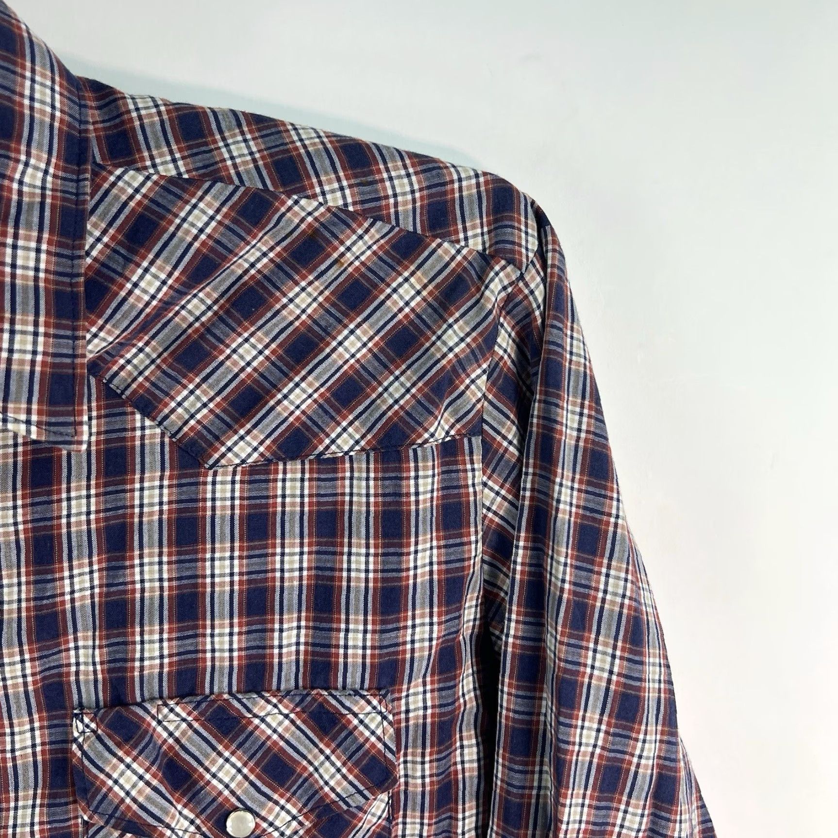 Wrangler VINTAGE Wrangler Shirt Mens LT Blue Plaid Western Cowboy Rodeo Pearl Snap Button Size US L / EU 52-54 / 3 - 2 Thumbnail