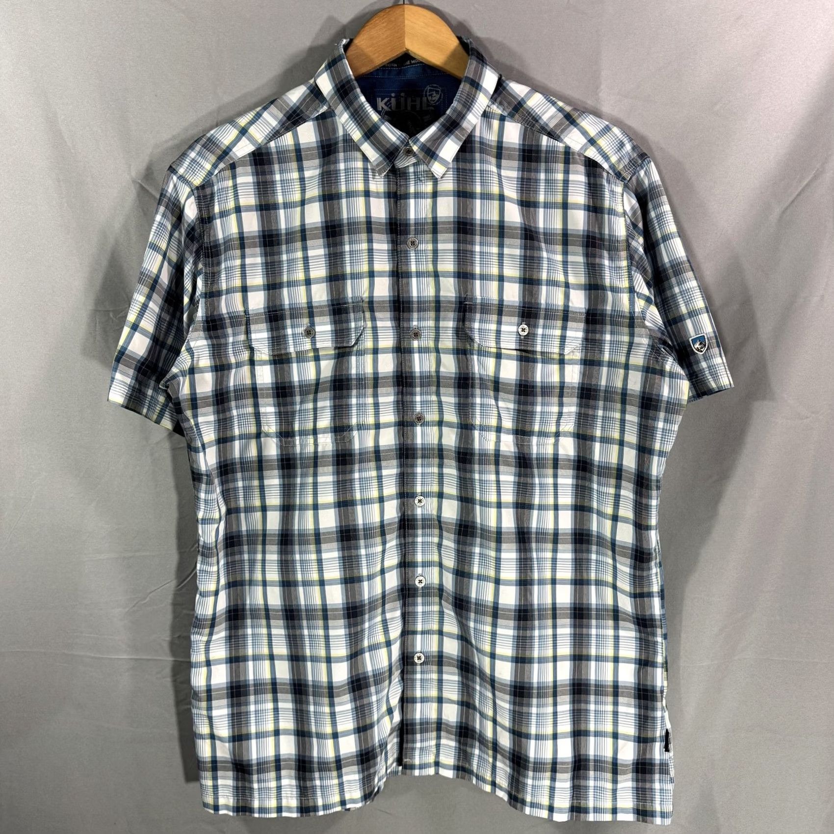 Vintage KÜHL Shirt Mens Large Blue Gray Plaid ELUXUR Short Sleeve Outdoor Hiking Shirt Size US L / EU 52-54 / 3 - 2 Thumbnail