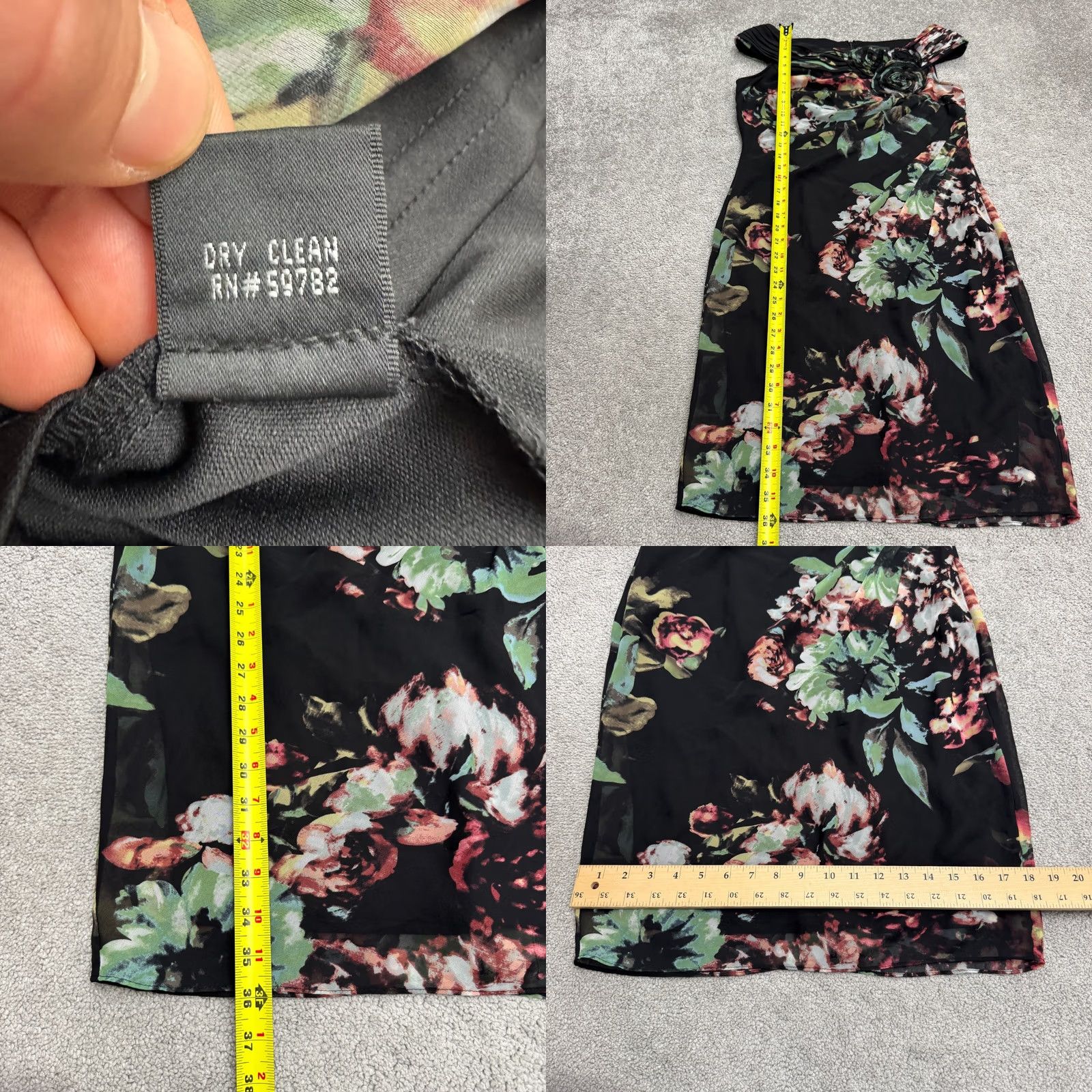 Adrianna Papell Adrianna Papell Black Floral Midi Dress Womens 6 Ruched 3D Flower Pleated Party Size M / US 6-8 / IT 42-44 - 8 Thumbnail