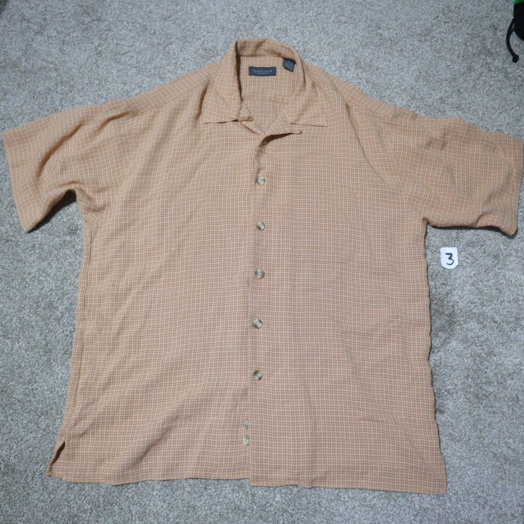 Van Heusen Van Heusen Shirt Short Sleeve Button Up Orange Coral Checked Rayon Men's L Large Size US 33 - 7 Thumbnail