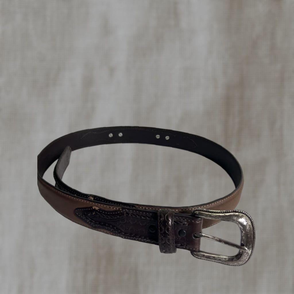 Vintage Unbranded Western Belt Men Leather Brown Size 42 Embossed Braided Style Belt, 42, Mens, Brown Leather Western Belt Size 42 - 1 Thumbnail