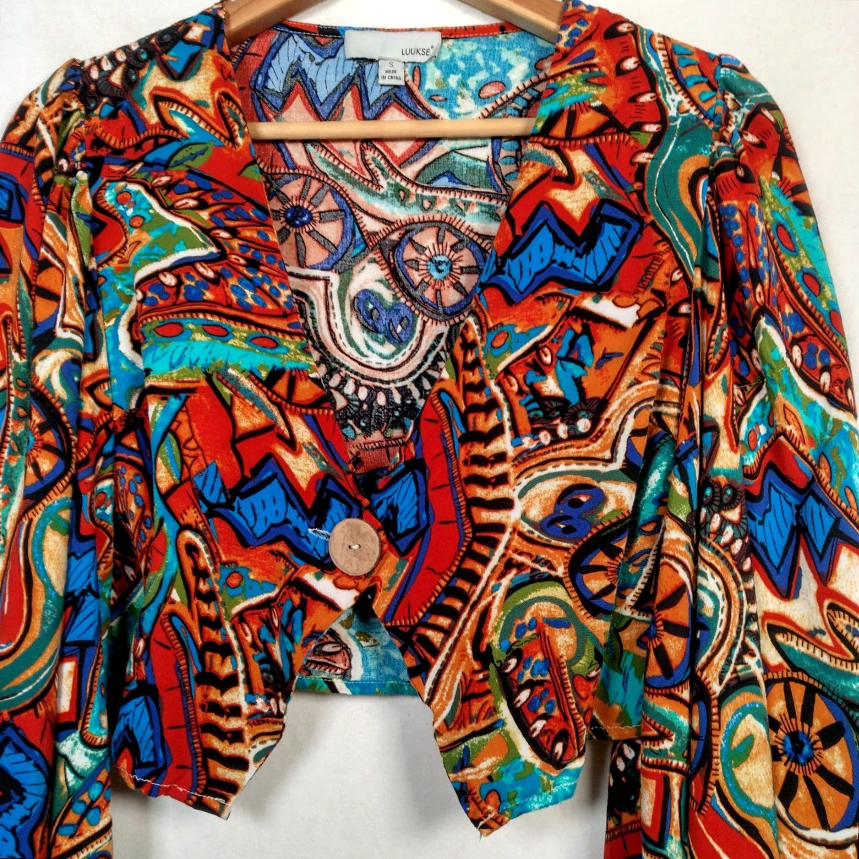 Bell VINTAGE LUUKSE Womens Cropped Blouse S Long Bell Sleeve Abstract Psychedelic Boho Festival Size S / US 4 / IT 40 - 3 Thumbnail