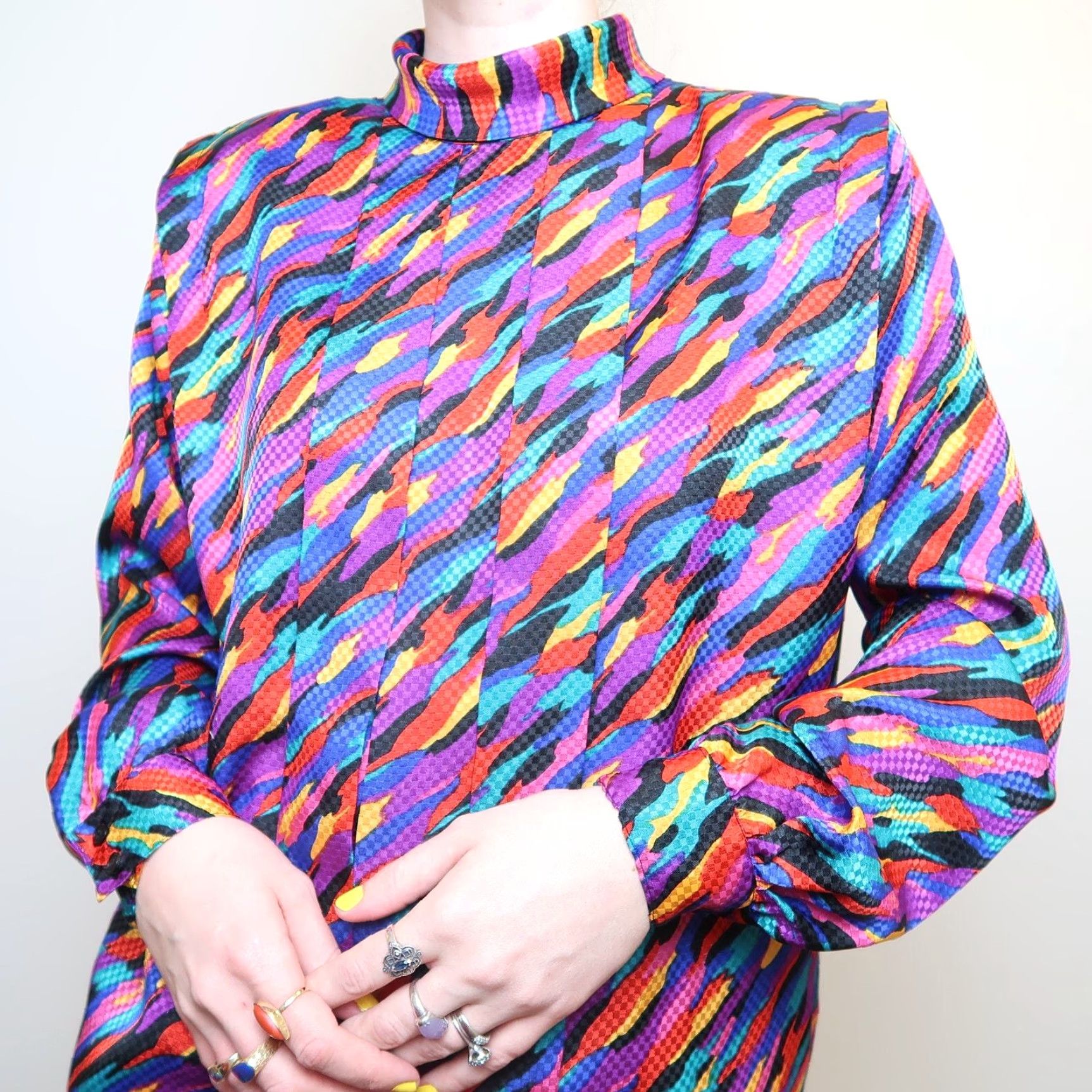 Rainbow VINTAGE Notches Shirt Purple Satin Abstract Print Rainbow 80s 90s Long Sleeve Shoulder Pads Back Buttons Roll Collar Size 13 Womens Size XL / US 12-14 / IT 48-50 - 5 Thumbnail