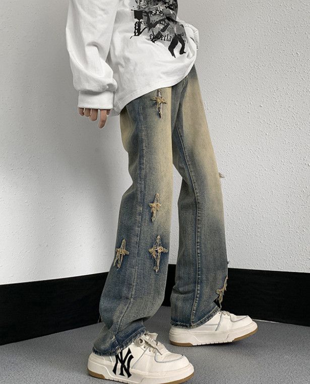 Japanese Brand Men's American high-street embroidered loose wide-leg jeans Size US 32 / EU 48 - 3 Thumbnail