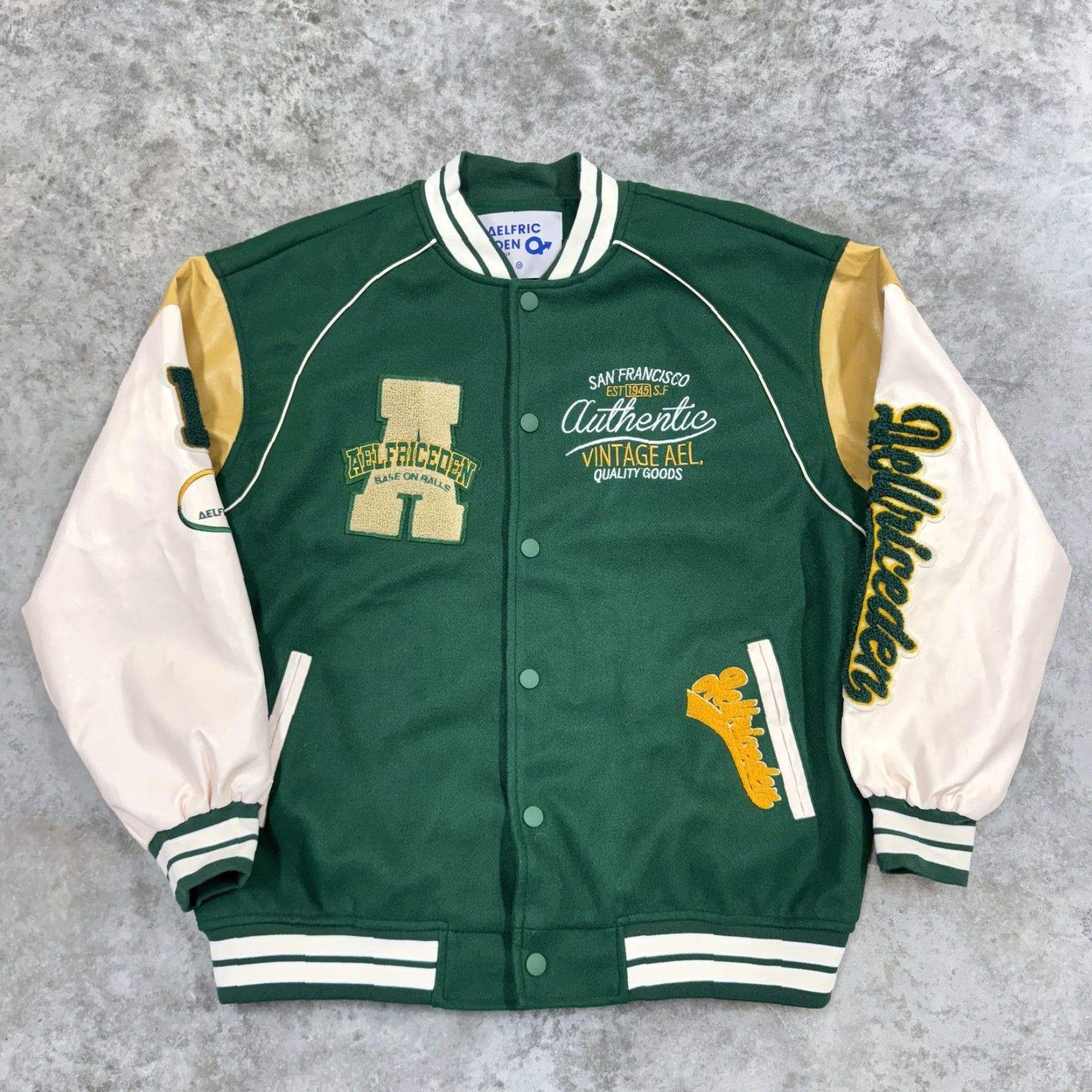 Vintage Aelfric Eden Jacket Mens Large Green White Varsity Snap Front Patch Embroidered Logo Pockets Collared Lined polyester Sports College Casual) Size US L / EU 52-54 / 3 - 2 Thumbnail